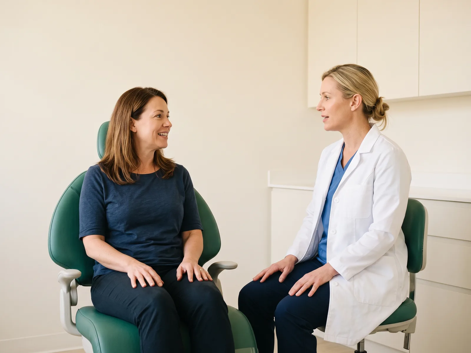 Illustration of an adult woman talking with a dentist in a white coat.