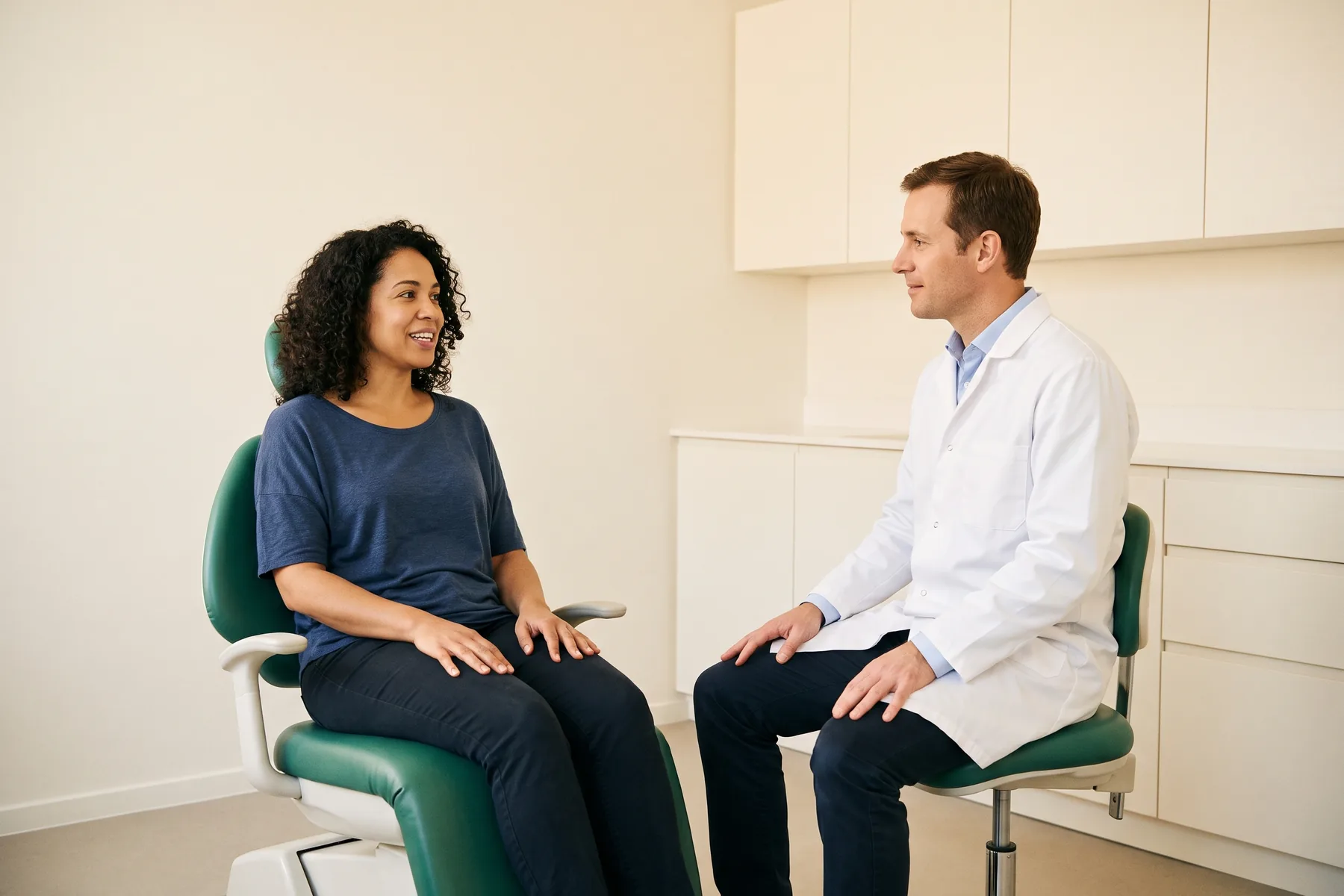 A curly-haired woman in a navy T-shirt smiles at a seated dentist wearing a white coat over a blue shirt.