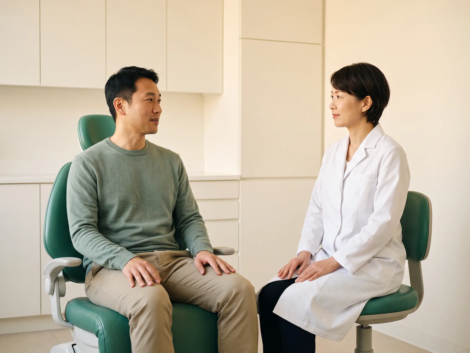 A man in a sage sweater rests his hands on his thighs while facing a short-haired dentist in a white coat.