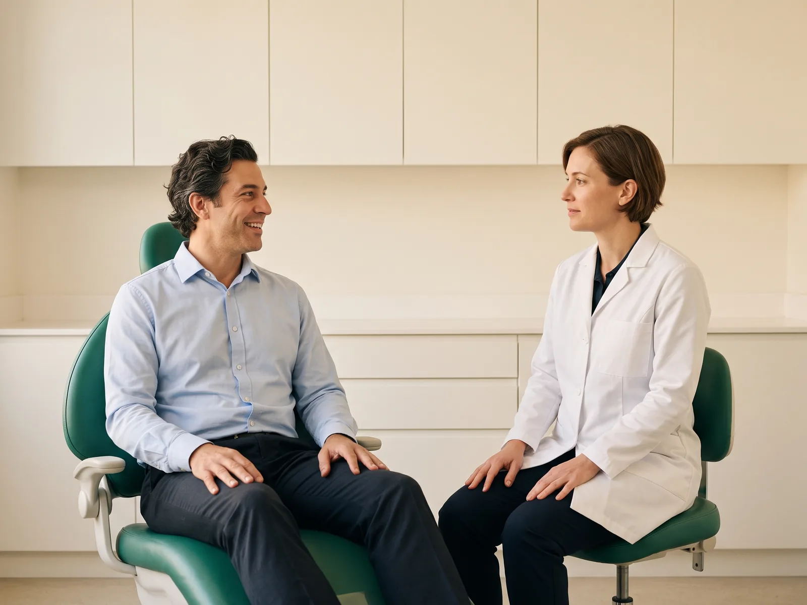 A man with wavy dark hair and a pale blue shirt smiles toward a dentist seated beside his green dental chair.