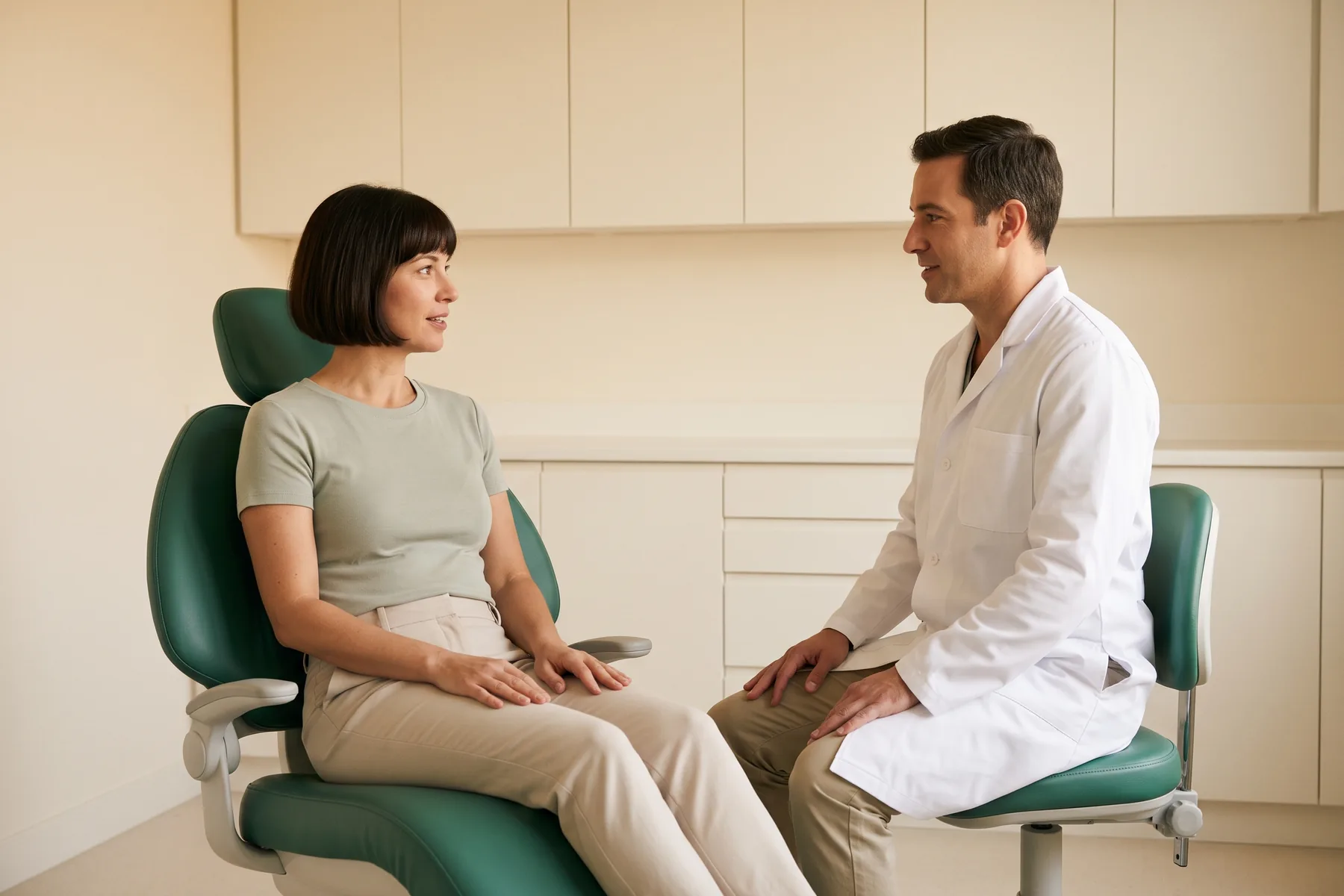 A woman with a dark bob and sage shirt sits in a green dental chair facing a dentist in a white coat.