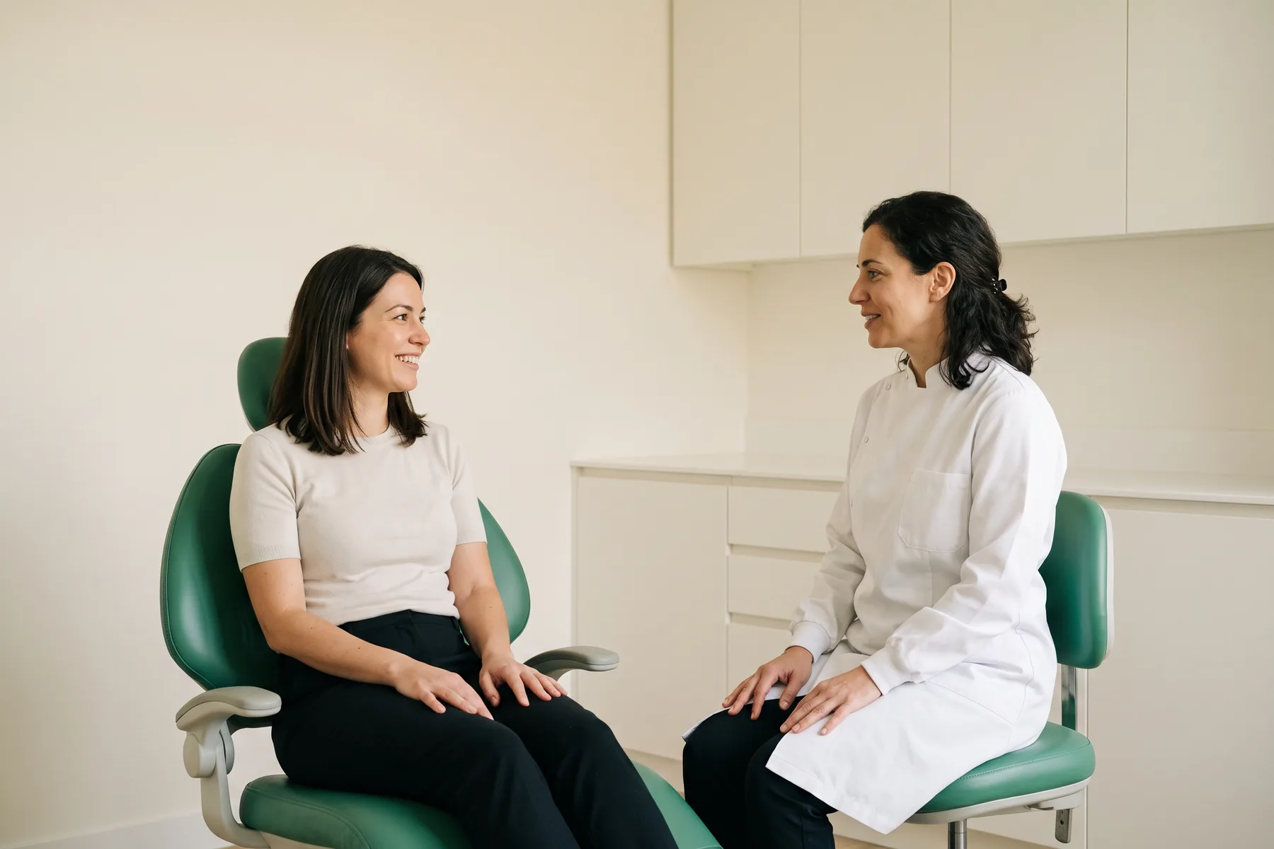 A woman in an ivory top smiles from a green dental chair toward a dentist with dark hair tied back.