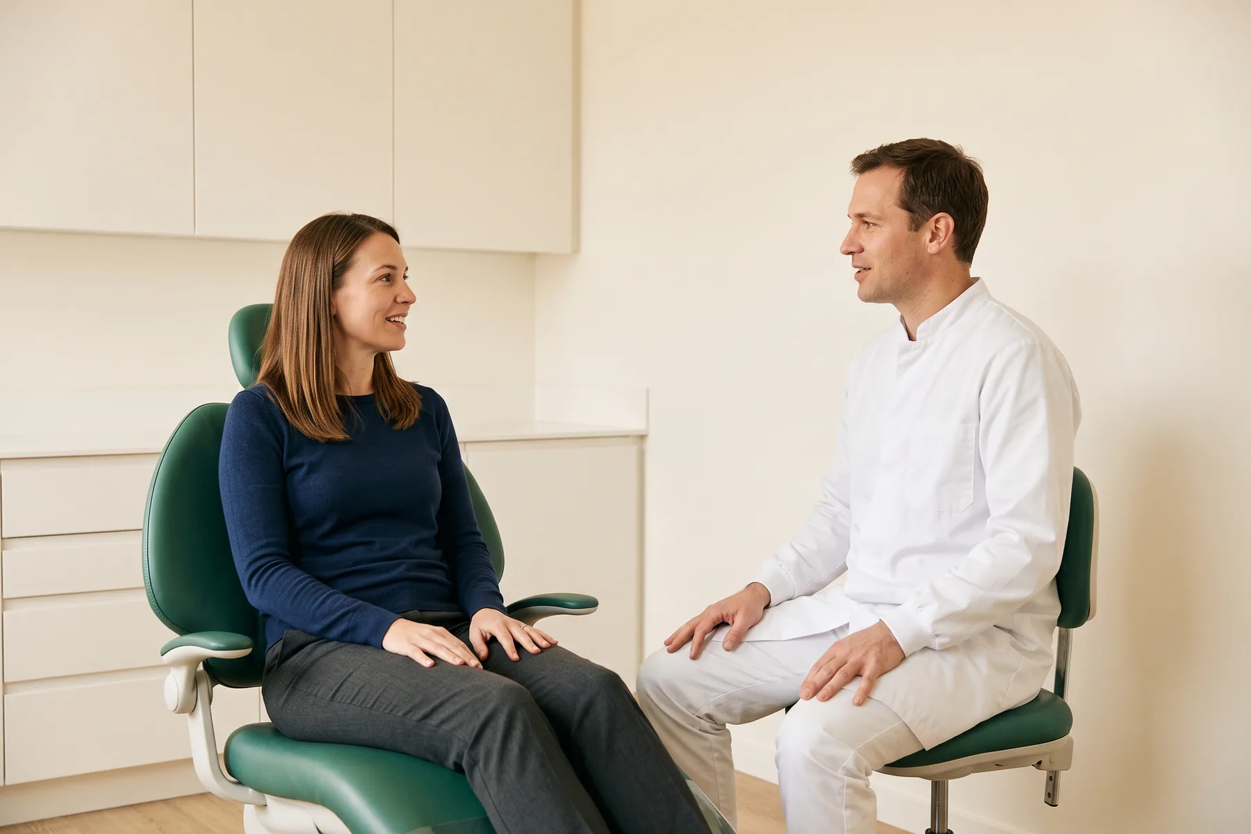 A woman in a navy sweater sits facing a dentist in a white coat and light trousers, both with hands resting on their laps.