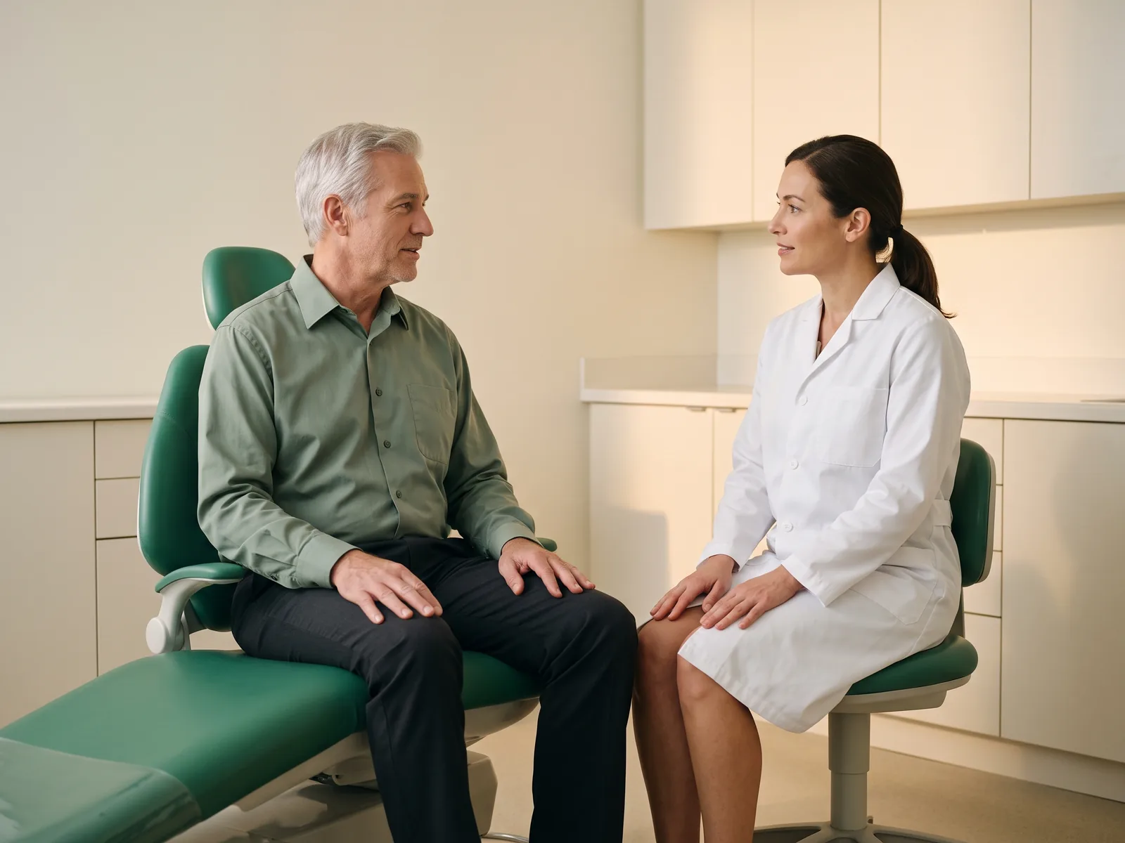 A man with silver hair and a sage-green shirt sits facing a dentist with dark hair tied back and a plain white coat, with both adults resting their hands on their laps.