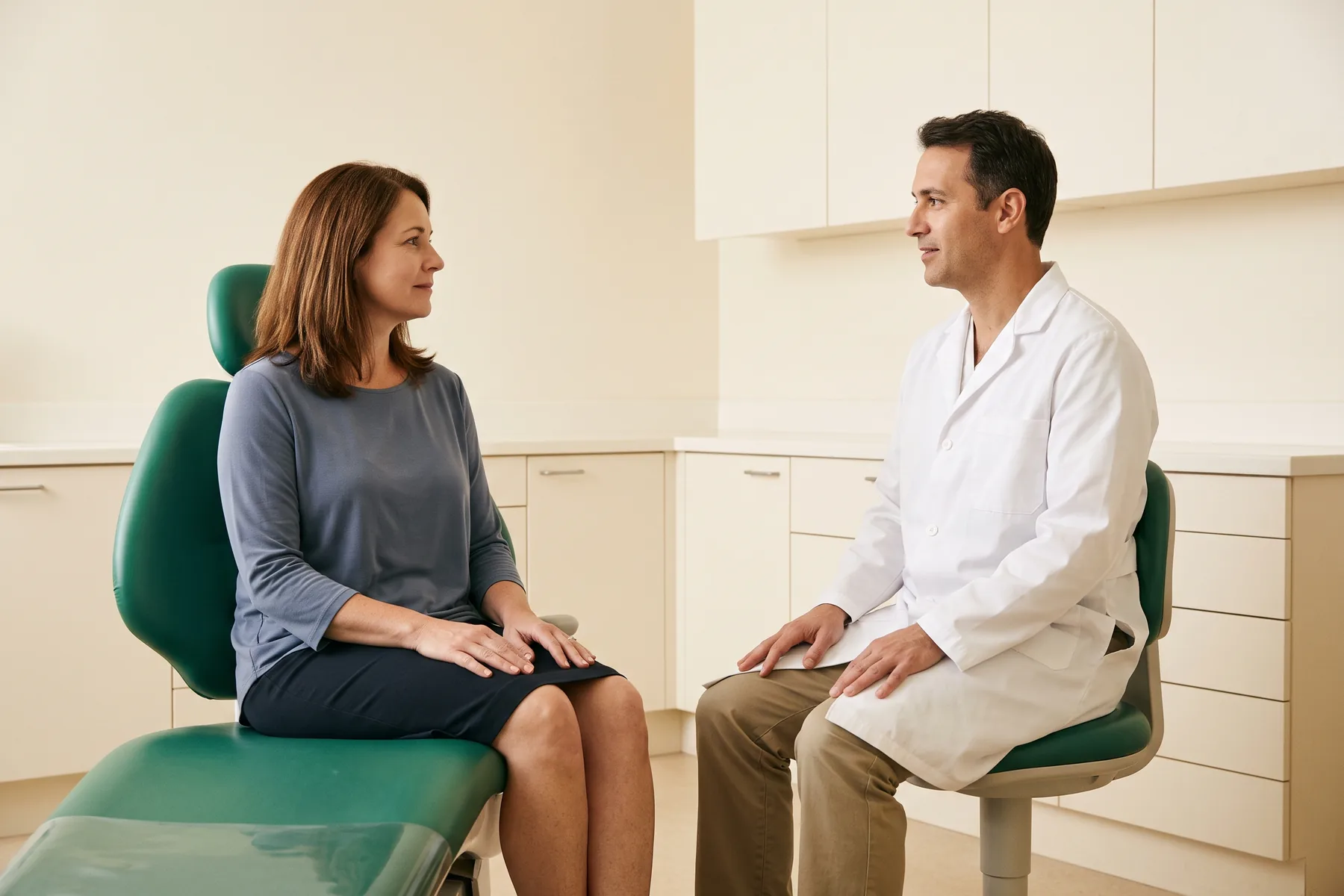 A woman with shoulder-length auburn hair in a muted blue top sits facing a dentist in a plain white coat, with both adults resting their hands on their laps.