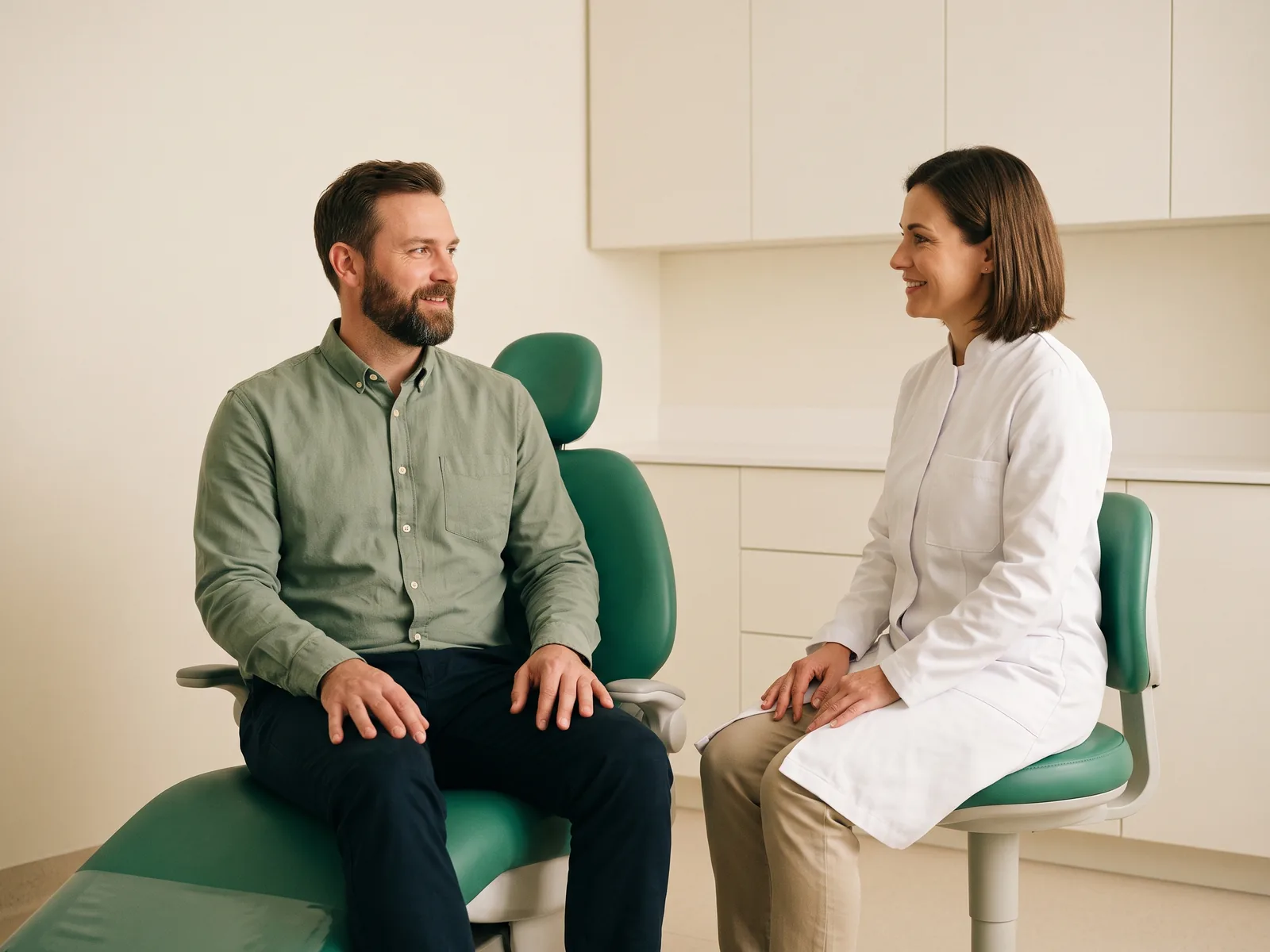 A bearded man in a sage-green shirt sits facing a dentist with a brown bob and plain white coat, with both adults resting their hands on their laps.