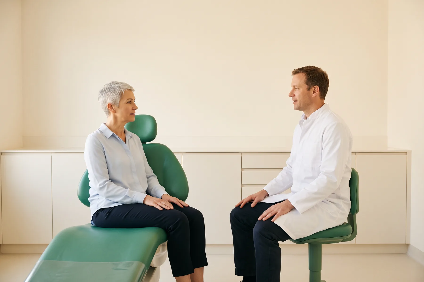 A woman with short silver hair and a pale blue blouse sits facing a dentist in a plain white coat, with both adults resting their hands on their laps.
