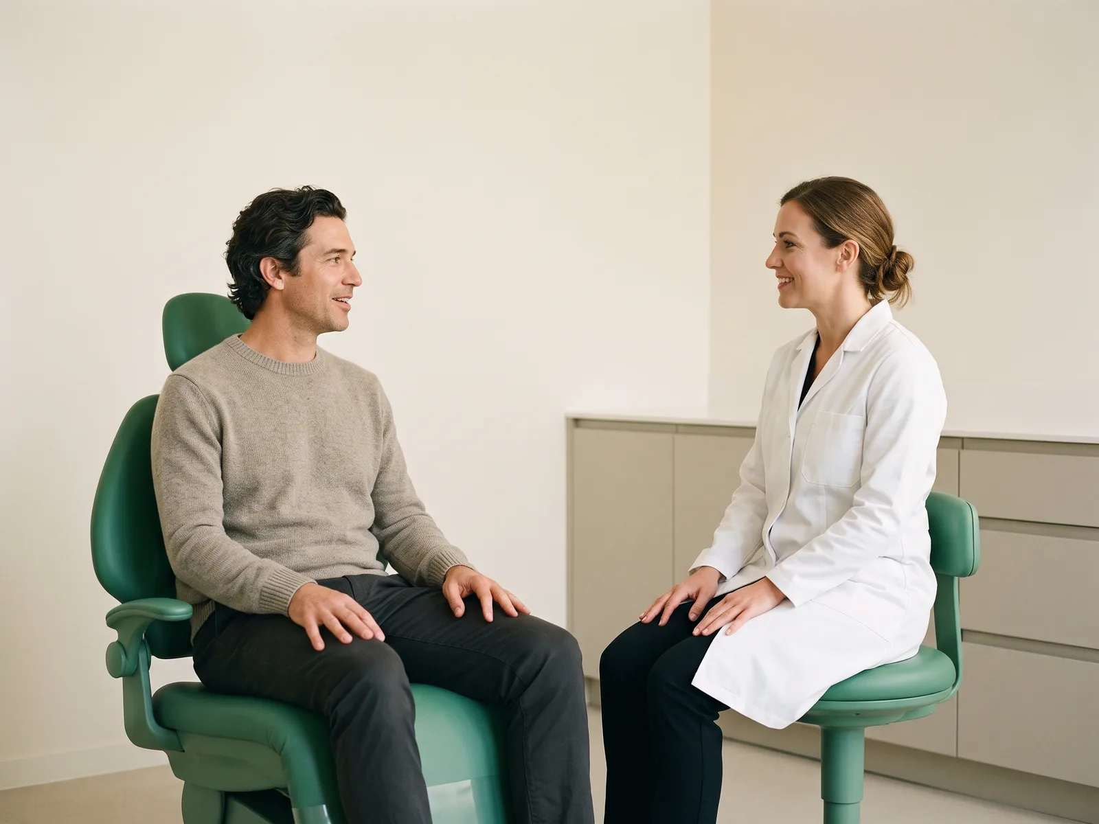 A man with wavy dark hair and a stone-colored sweater sits facing a dentist with brown hair tied back and a plain white coat, with both adults resting their hands on their laps.