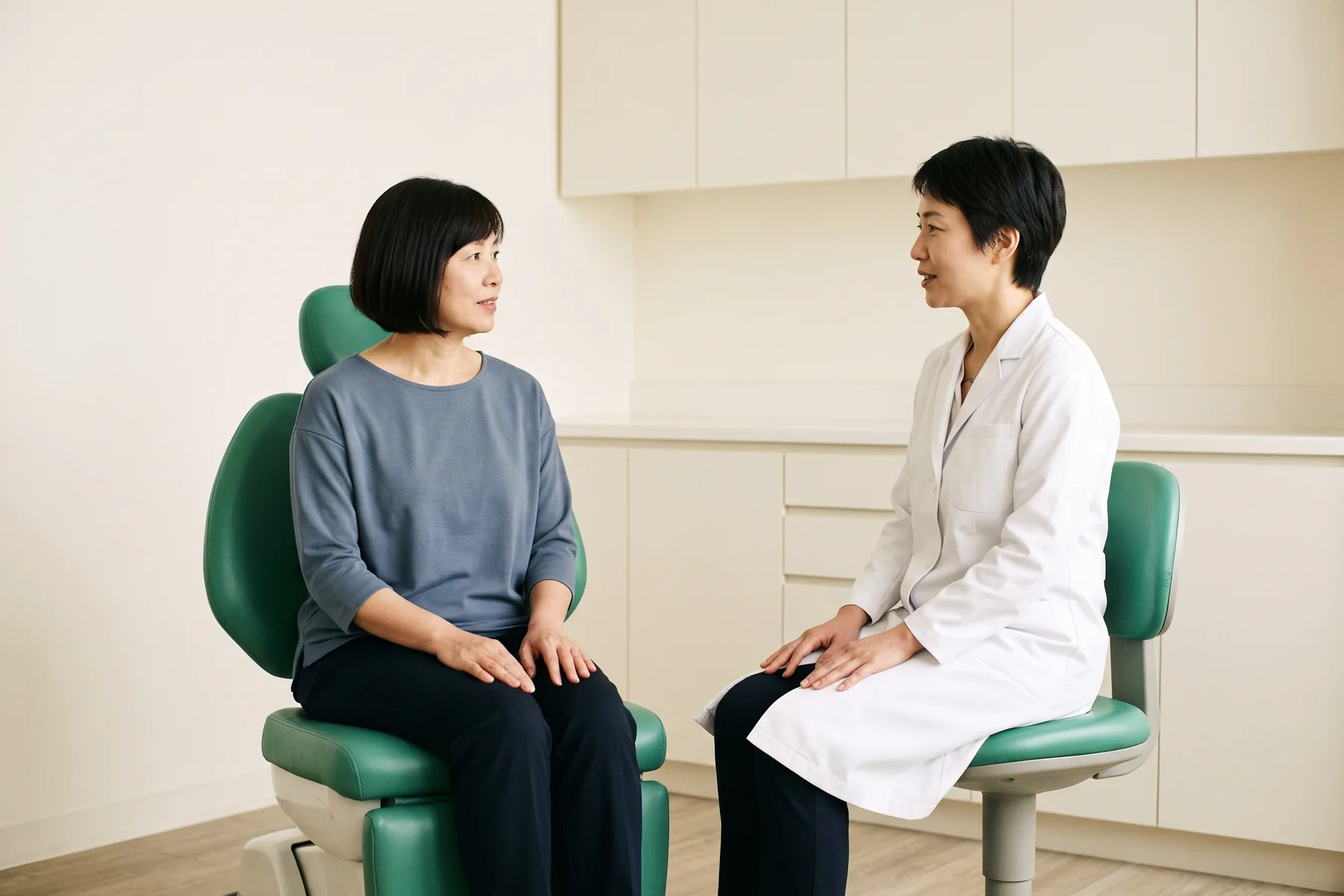 A woman with a dark bob and slate-blue top sits facing a dentist with short dark hair and a plain white coat, with both women resting their hands on their laps.