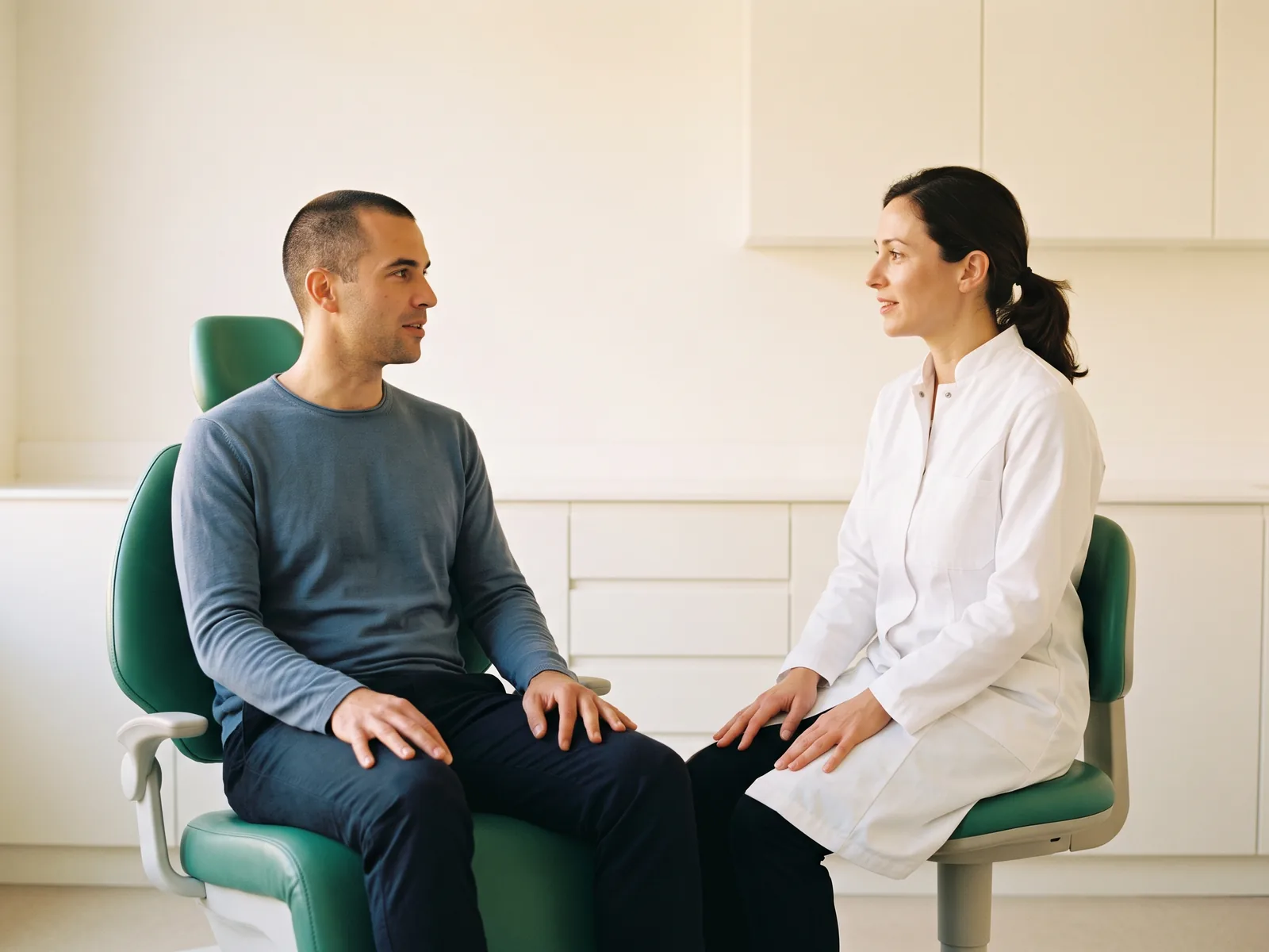 Illustrative scene of a man in a blue sweater talking with a dentist in an ivory consultation room.