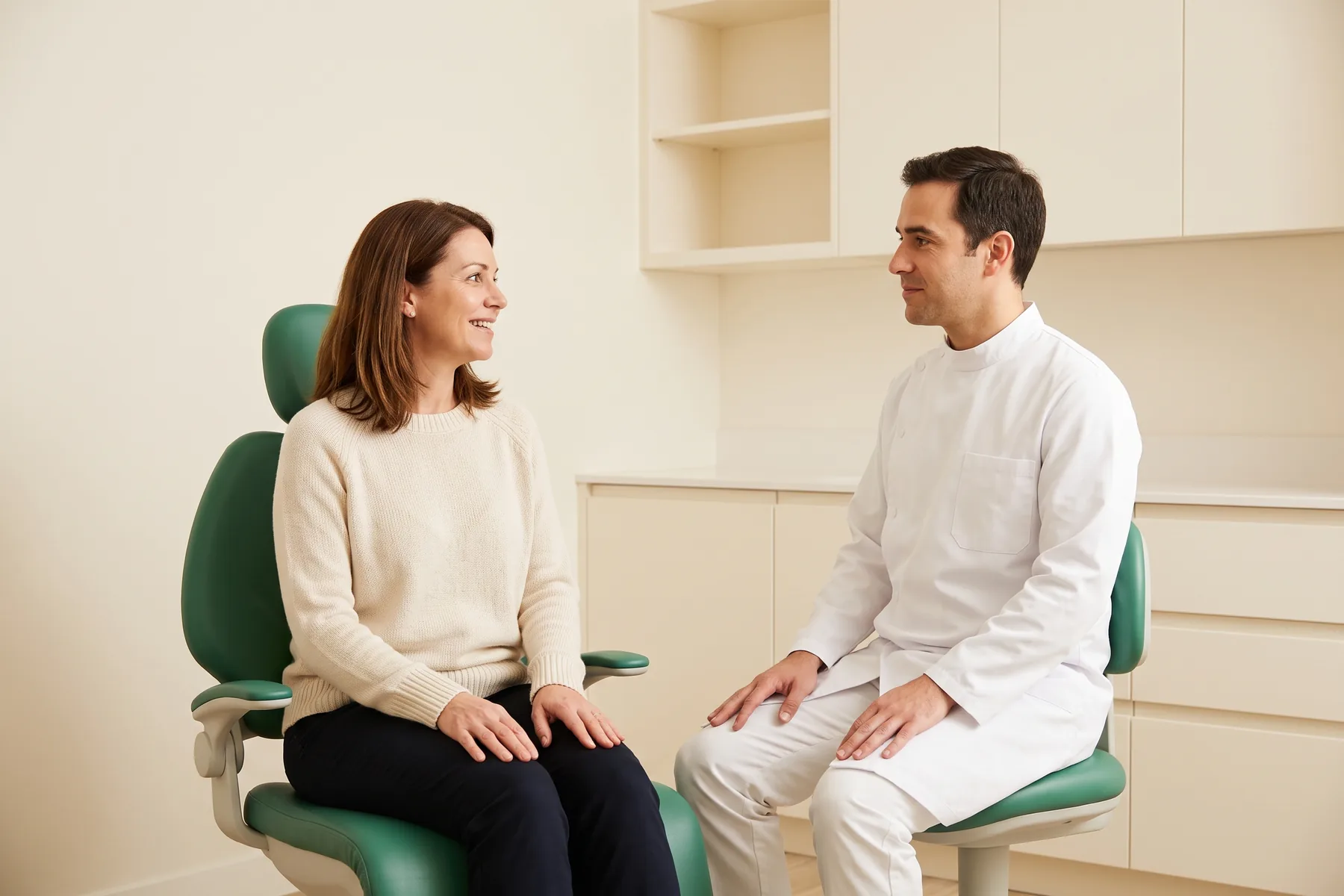 Illustrative scene of a woman in an ivory sweater discussing dental care with a dentist.