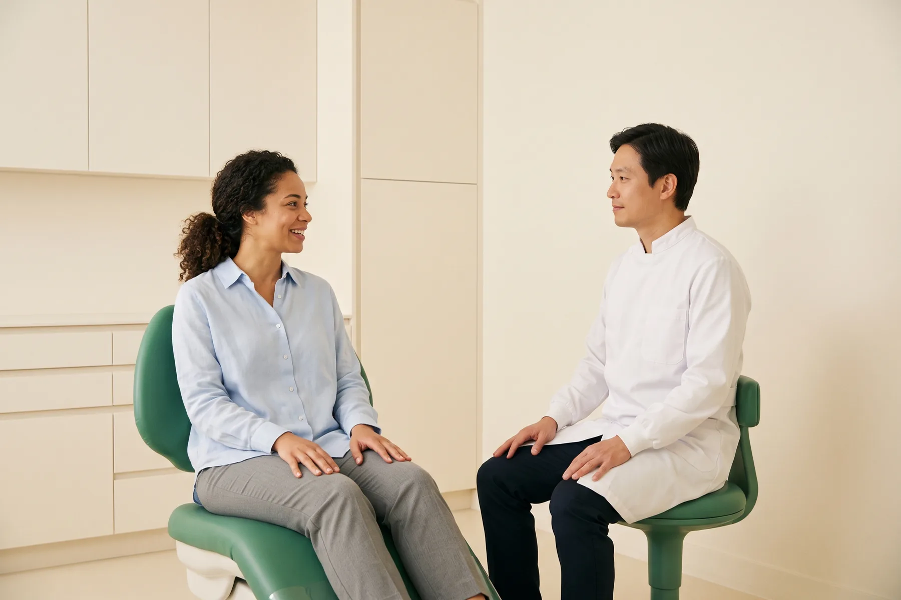 Illustrative scene of a woman in a pale blue blouse talking with a dentist in a quiet consultation room.