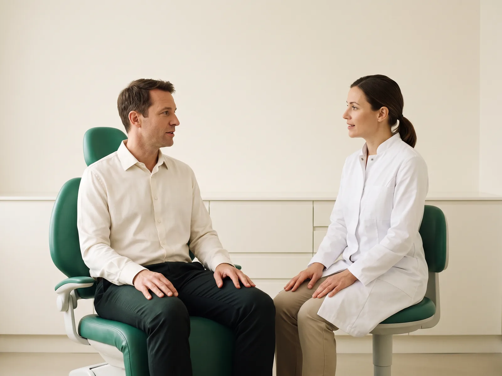 A man in an ivory shirt sits facing a dentist in a plain white coat, both resting their hands on their laps.
