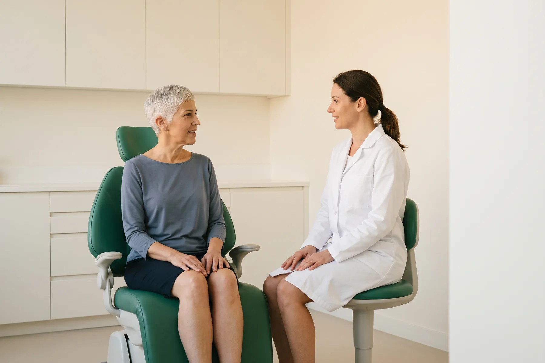 A woman with short silver hair and a slate-blue top sits facing a dentist in a plain white coat, both resting their hands on their laps.