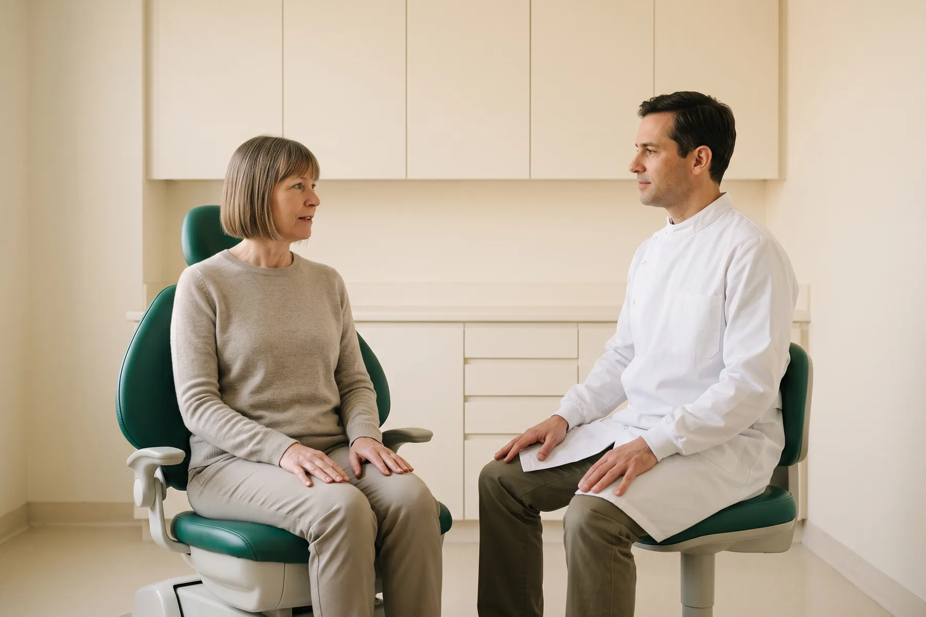 A woman with a straight bob and stone-colored sweater sits facing a dentist in a plain white coat, both resting their hands on their laps.
