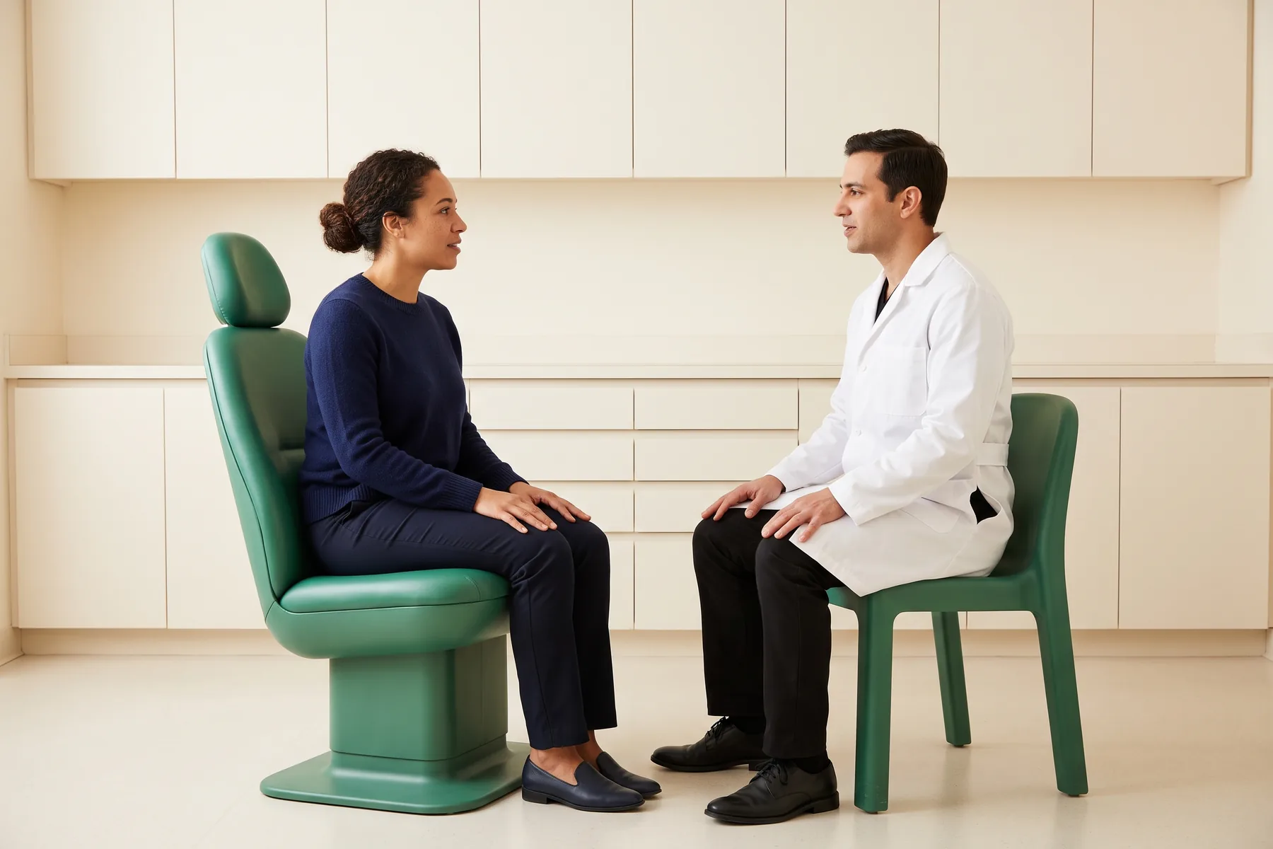 Illustrative dental conversation with a woman with tied-back curly hair wearing a navy sweater and a man in a white coat.