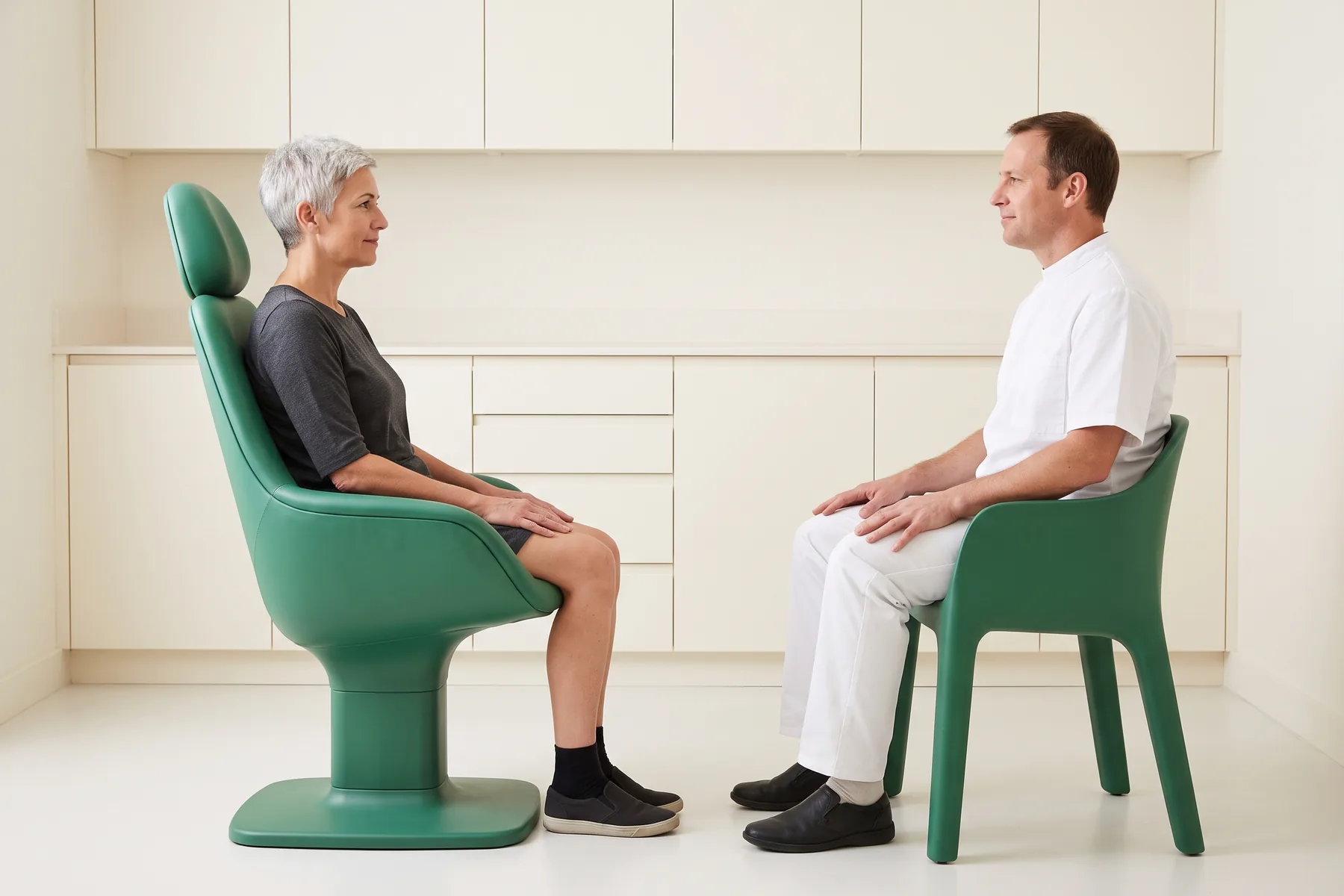 Illustrative dental conversation with a silver-haired woman in a charcoal top and a short-haired man in white clinical clothing seated opposite each other.
