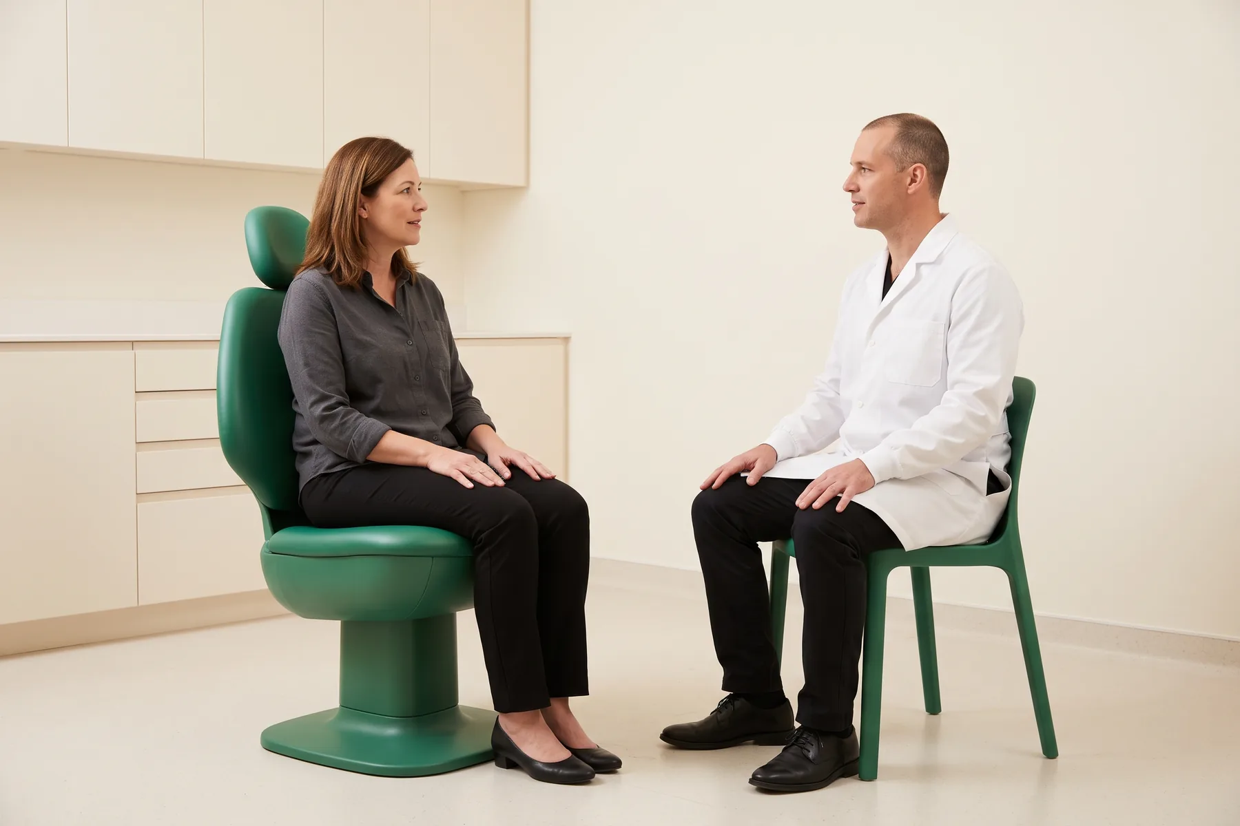 Illustrative dental conversation with a brown-haired woman in a charcoal shirt and a man in a white coat seated opposite each other.