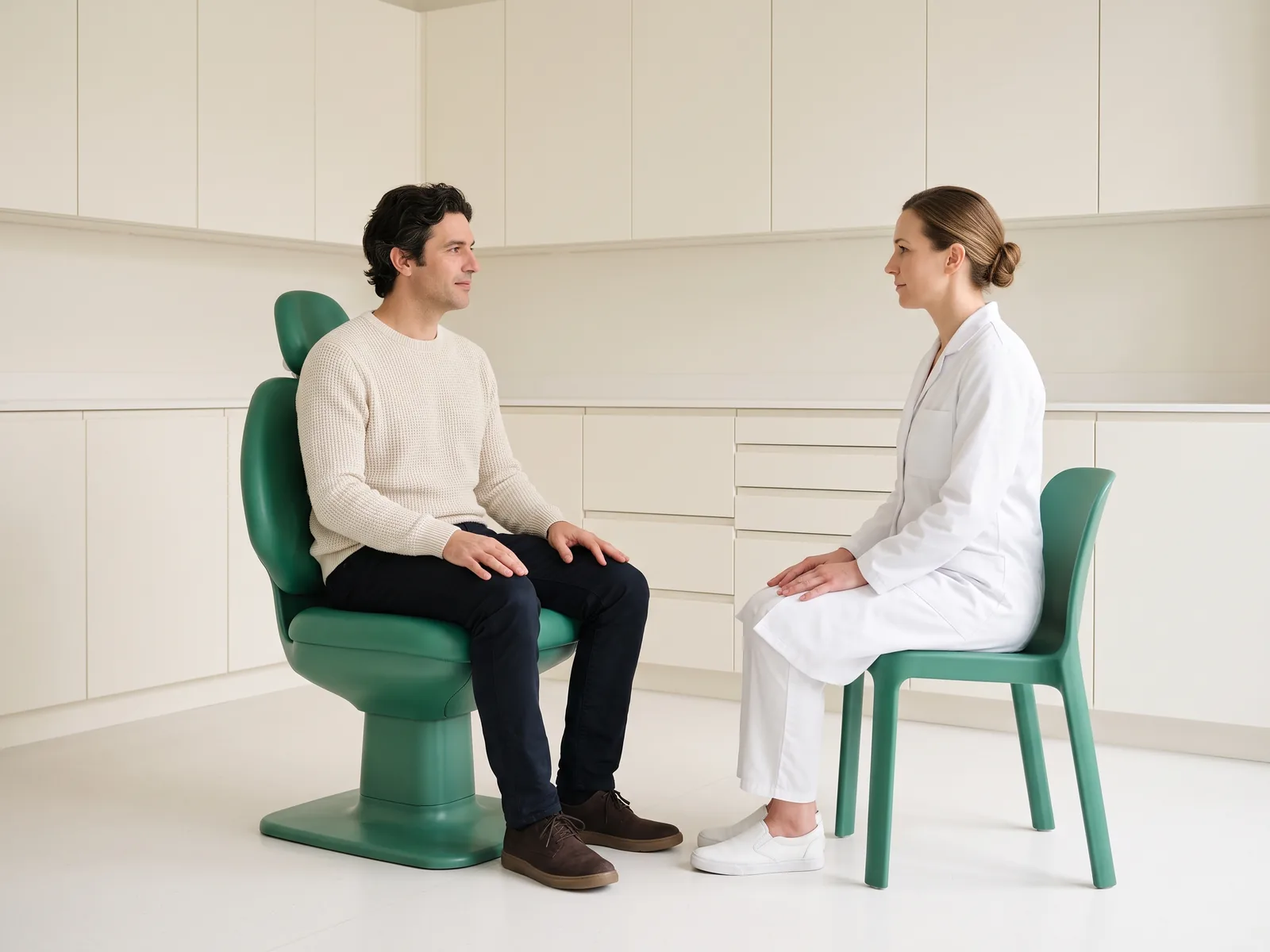 Illustrative dental conversation with a wavy-haired man in a cream sweater and a woman in a white coat seated opposite each other.