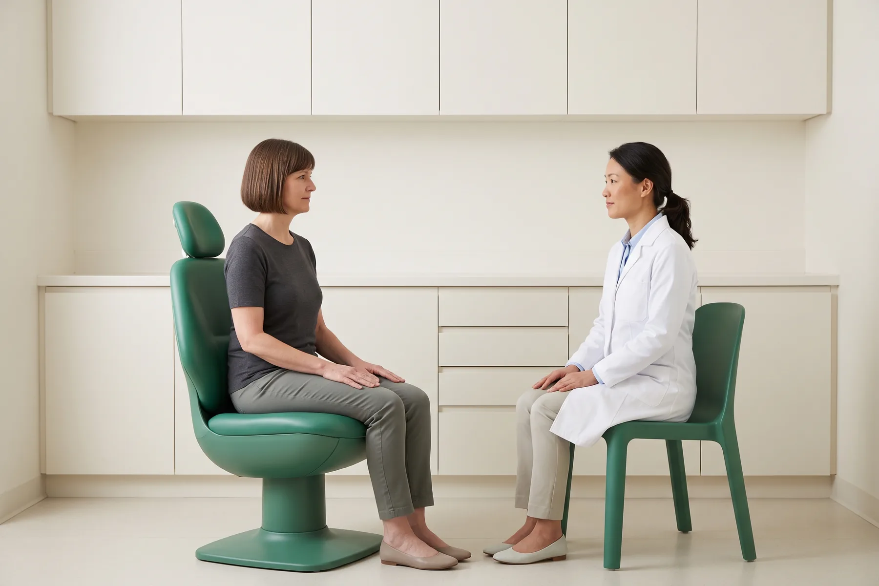 Illustrative dental conversation with a short-haired woman in a charcoal shirt and a woman in a white coat seated opposite each other.