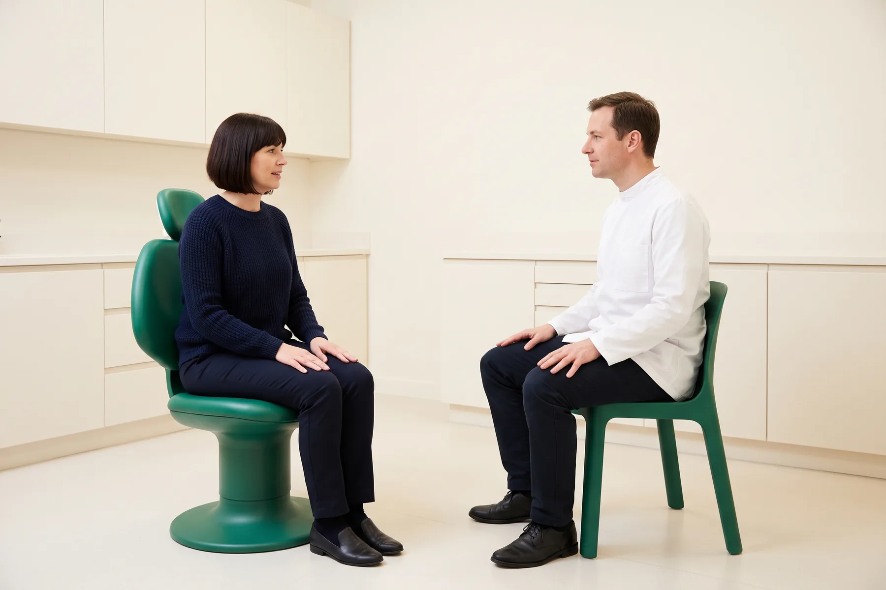 Illustrative dental conversation with a dark-bobbed woman in a navy sweater and a man in a white coat seated opposite each other.