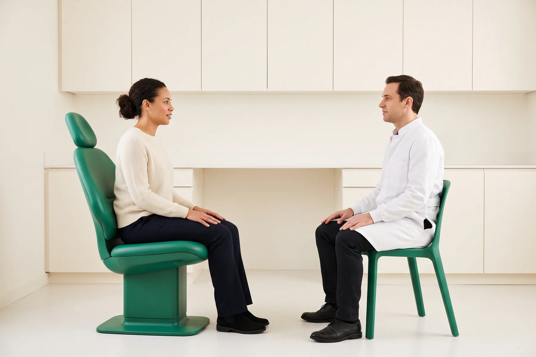Illustrative dental conversation with a woman in a cream sweater and a man in a white coat seated opposite each other.
