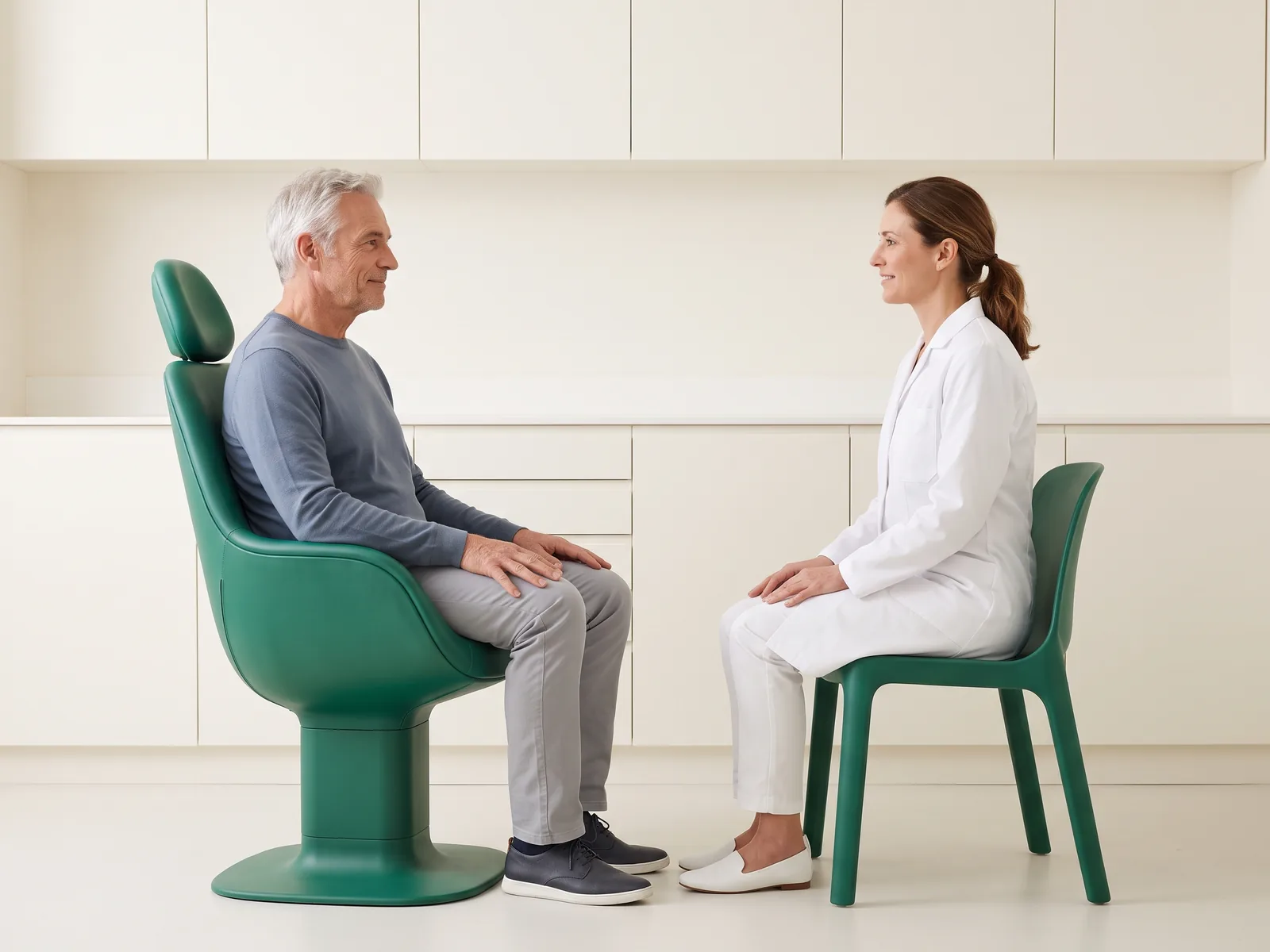 Illustrative dental conversation with a silver-haired man in a blue sweater and a woman in a white coat seated on green chairs.
