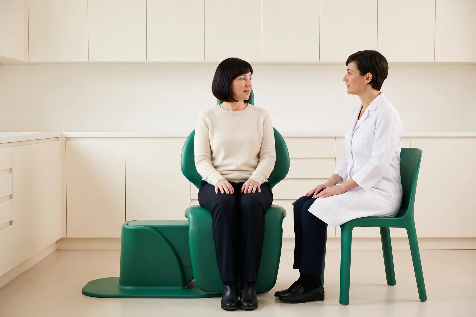 Illustrative dental conversation with a woman with a dark bob wearing a cream sweater seated beside a woman in a white coat.