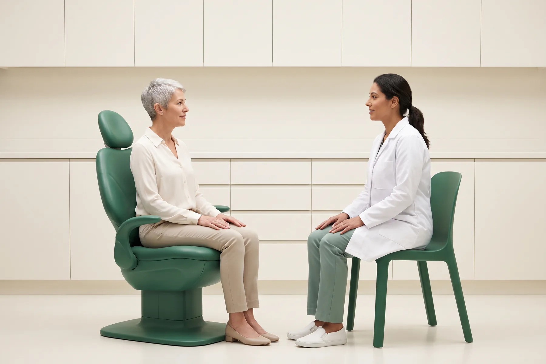 Illustrative dental conversation with a silver-haired woman in an ivory blouse and a woman in a white coat seated opposite each other.