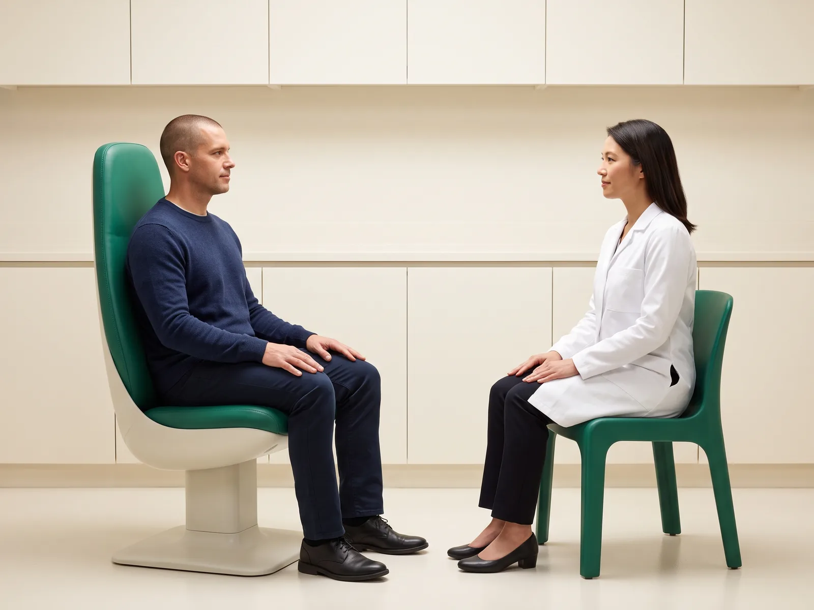 Illustrative dental conversation with a close-cropped man in a navy sweater and a long-haired woman in a white coat seated opposite each other.