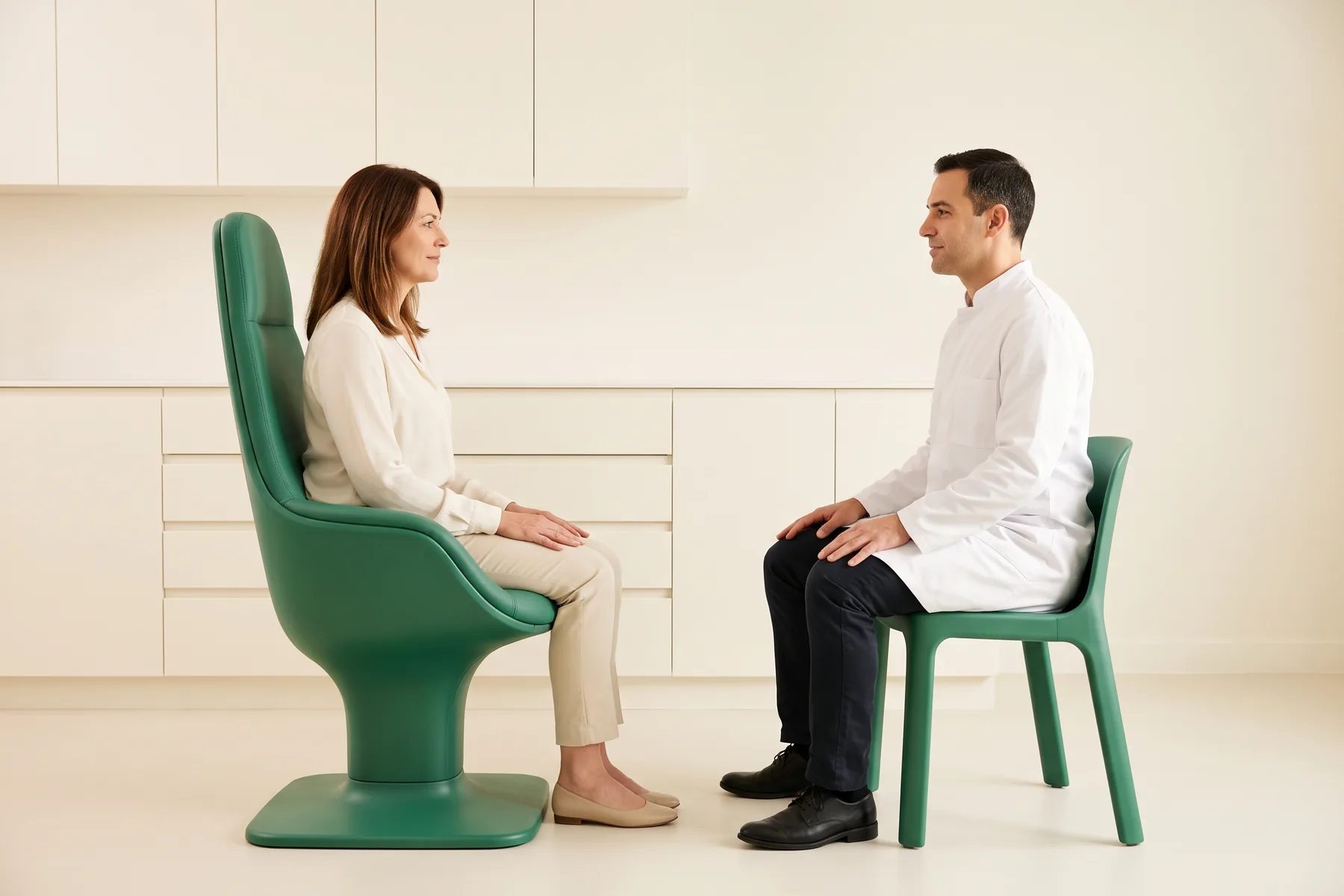 Illustrative dental conversation with a brown-haired woman in an ivory blouse and a short-haired man in a white coat seated opposite each other.
