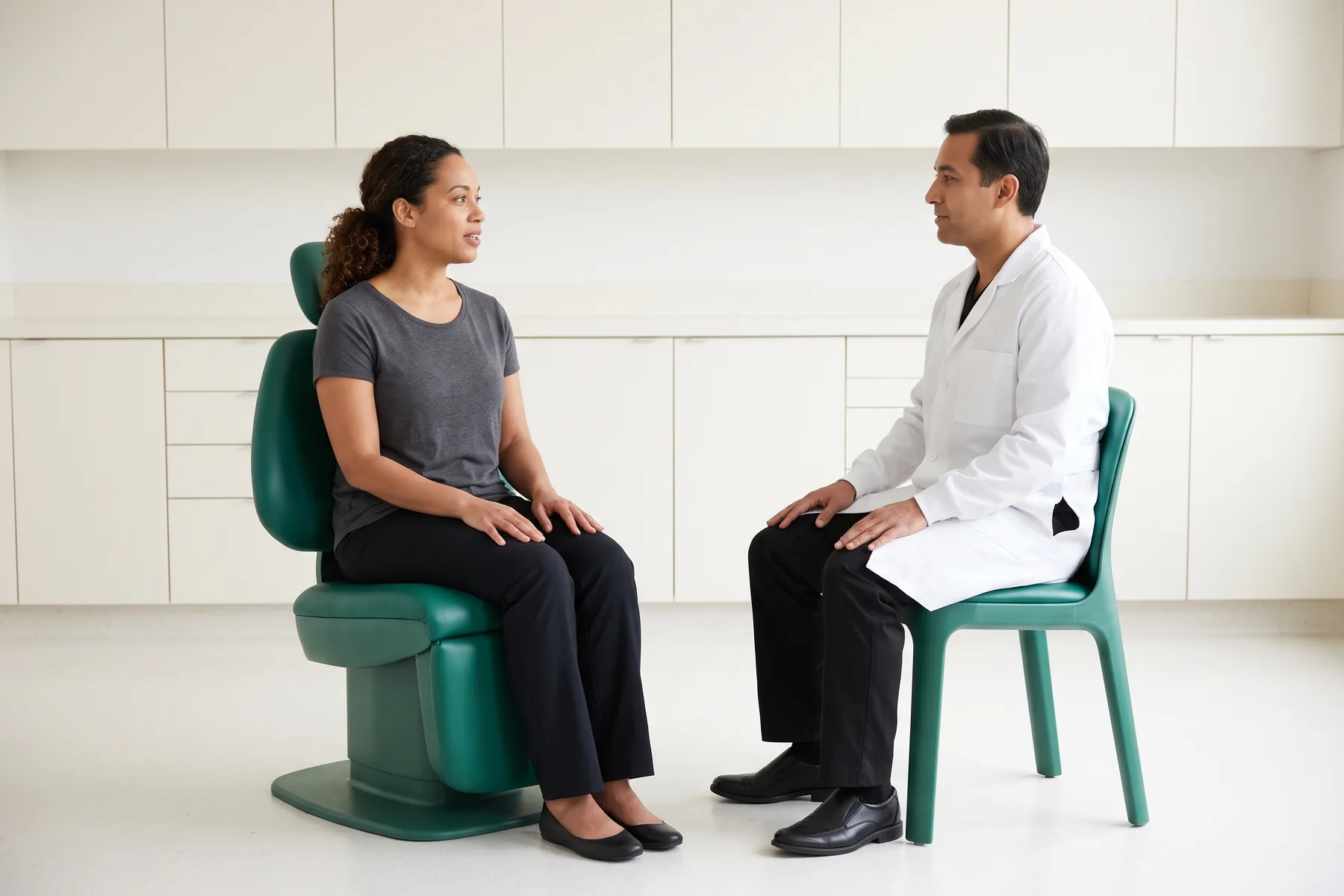 Illustrative dental conversation with a woman with tied-back curly hair in a charcoal shirt and a man in a white coat seated opposite each other.