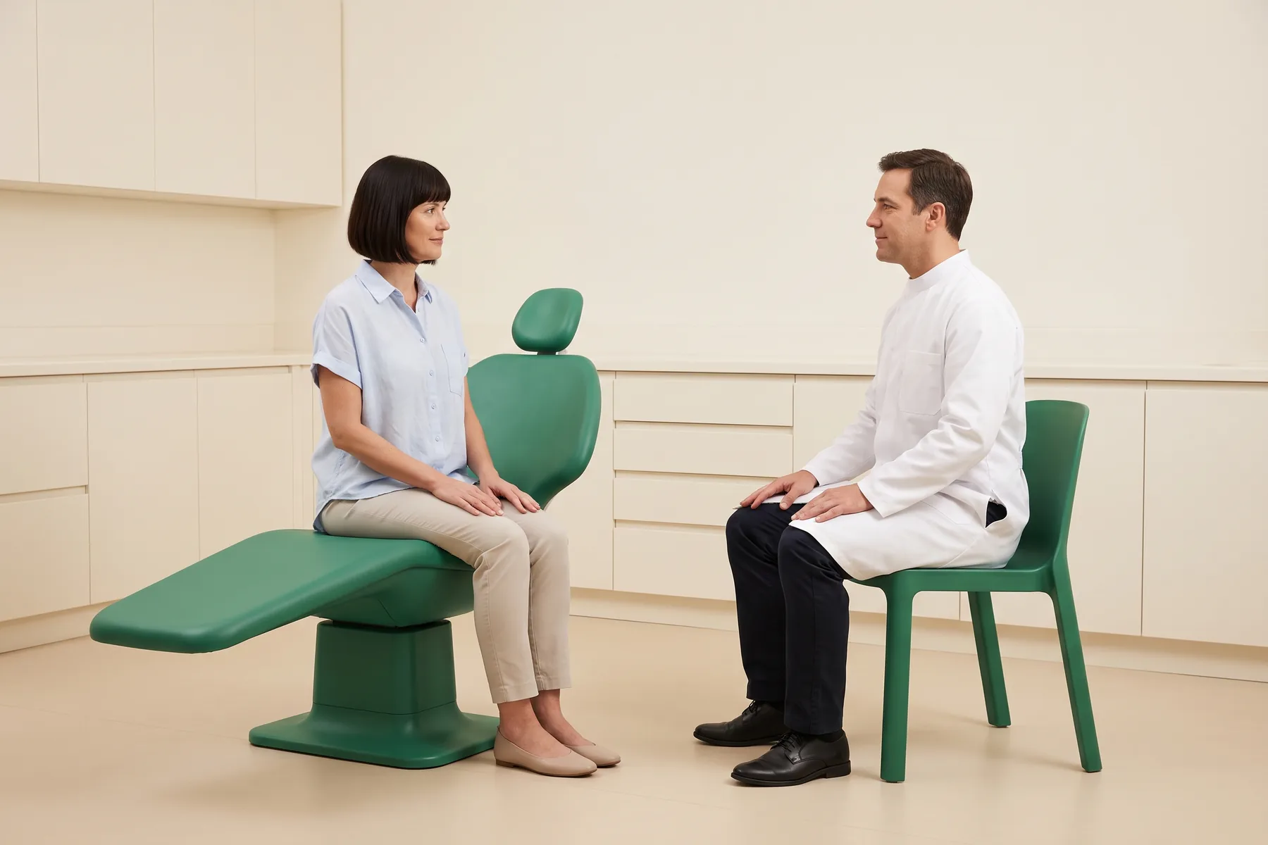 Illustrative dental conversation with a woman in a pale blue shirt seated beside a man in a white coat.