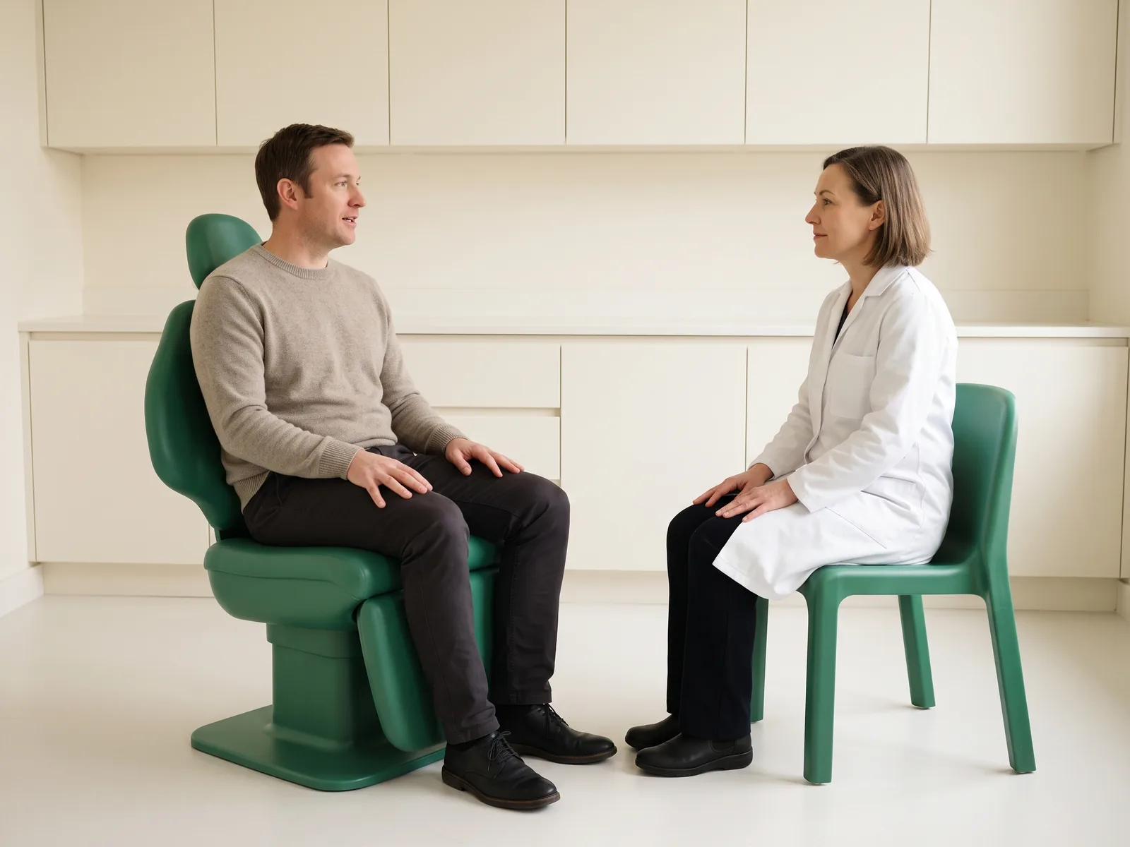 Illustrative dental conversation with a man in a stone-colored sweater and a woman in a white coat seated opposite each other.