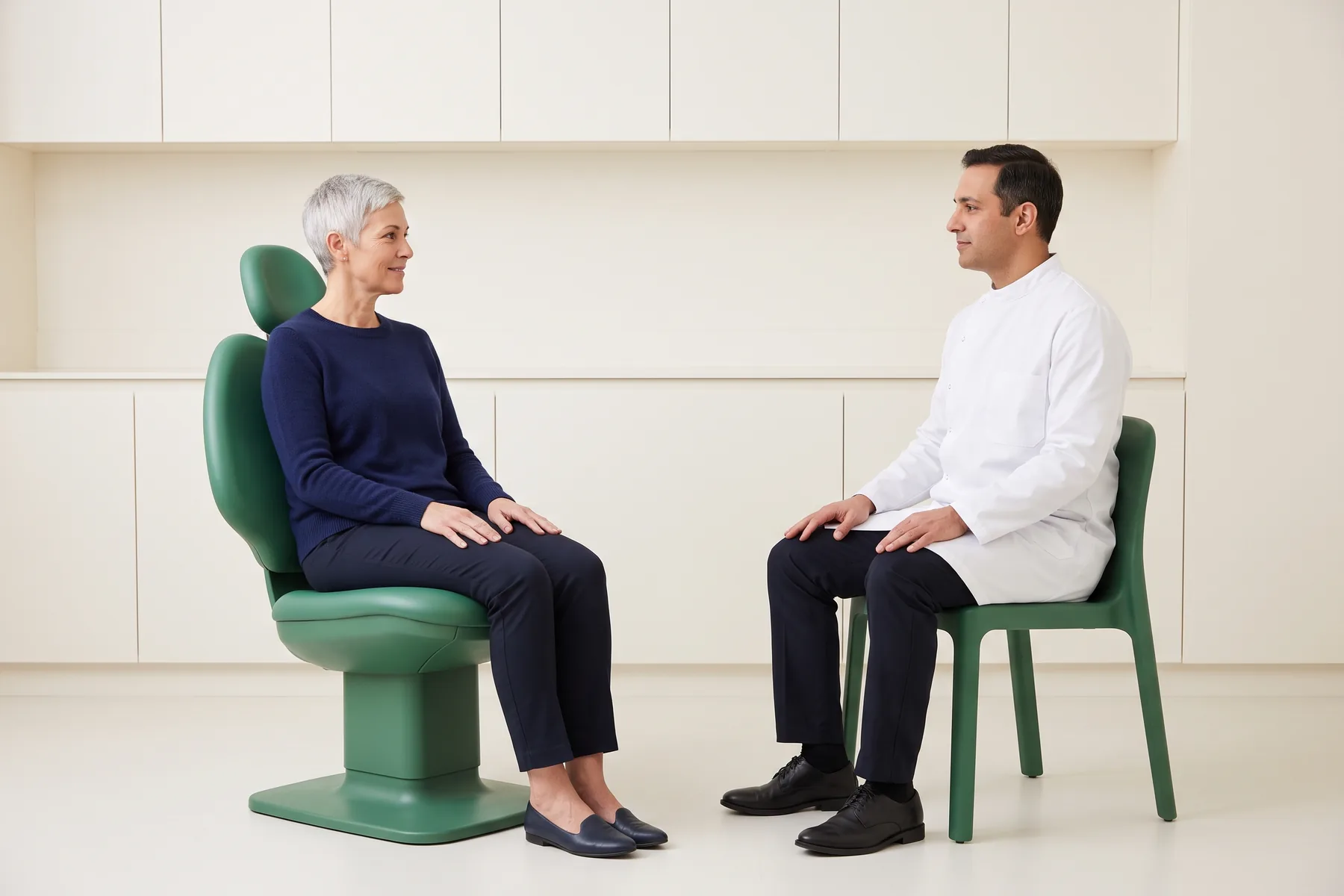 Illustrative dental conversation with a silver-haired woman in a navy sweater and a man in a white coat seated opposite her.
