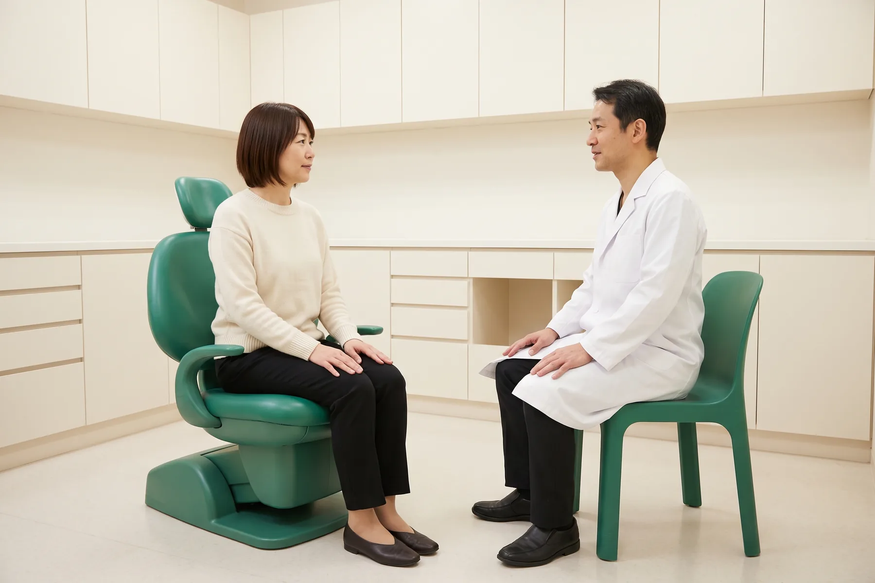 Illustrative dental conversation with a woman in a cream sweater and a man in a white coat seated on green chairs.