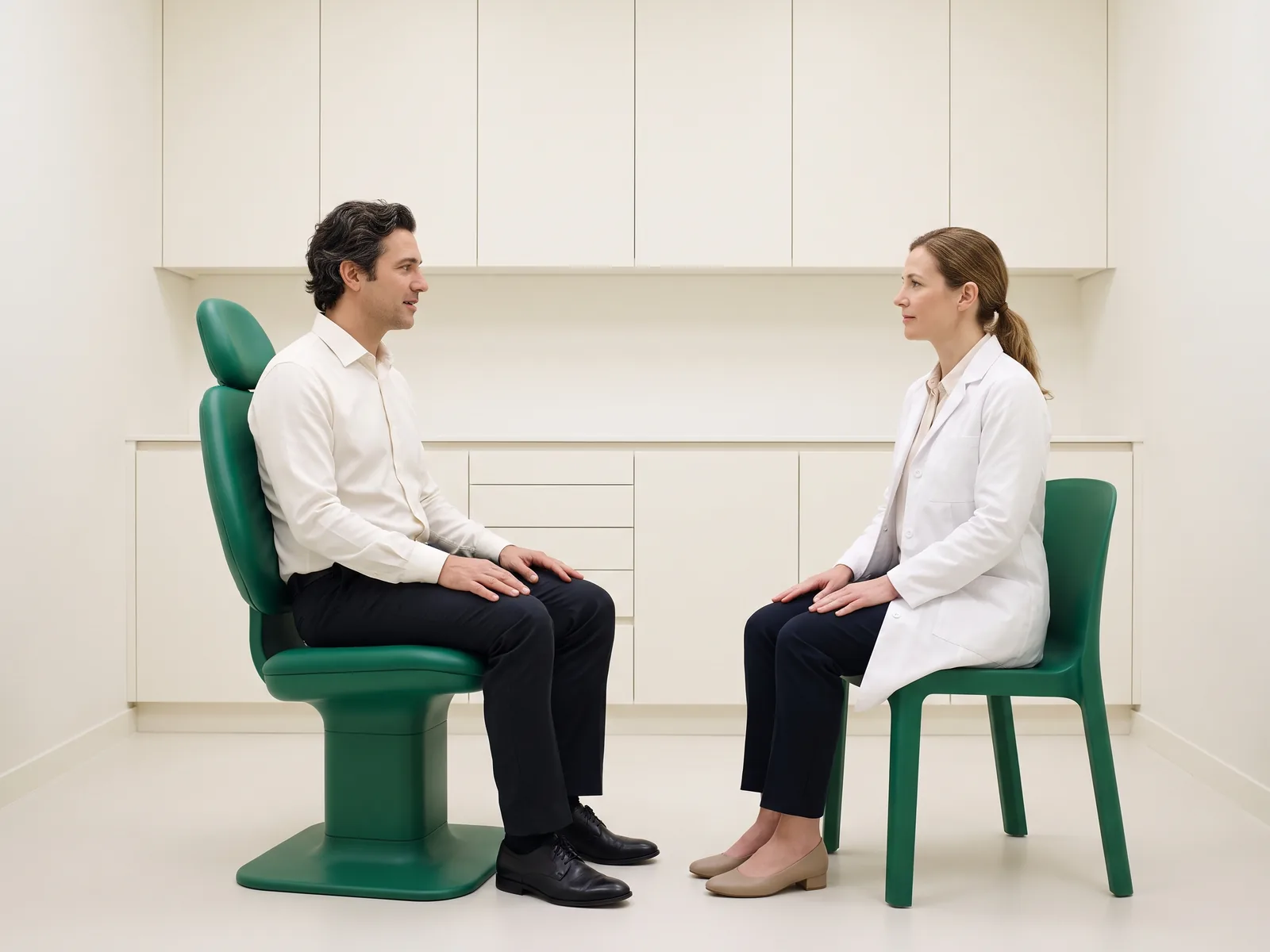 Illustrative dental conversation with a wavy-haired man in an ivory shirt and a ponytailed woman in a white coat seated opposite each other.