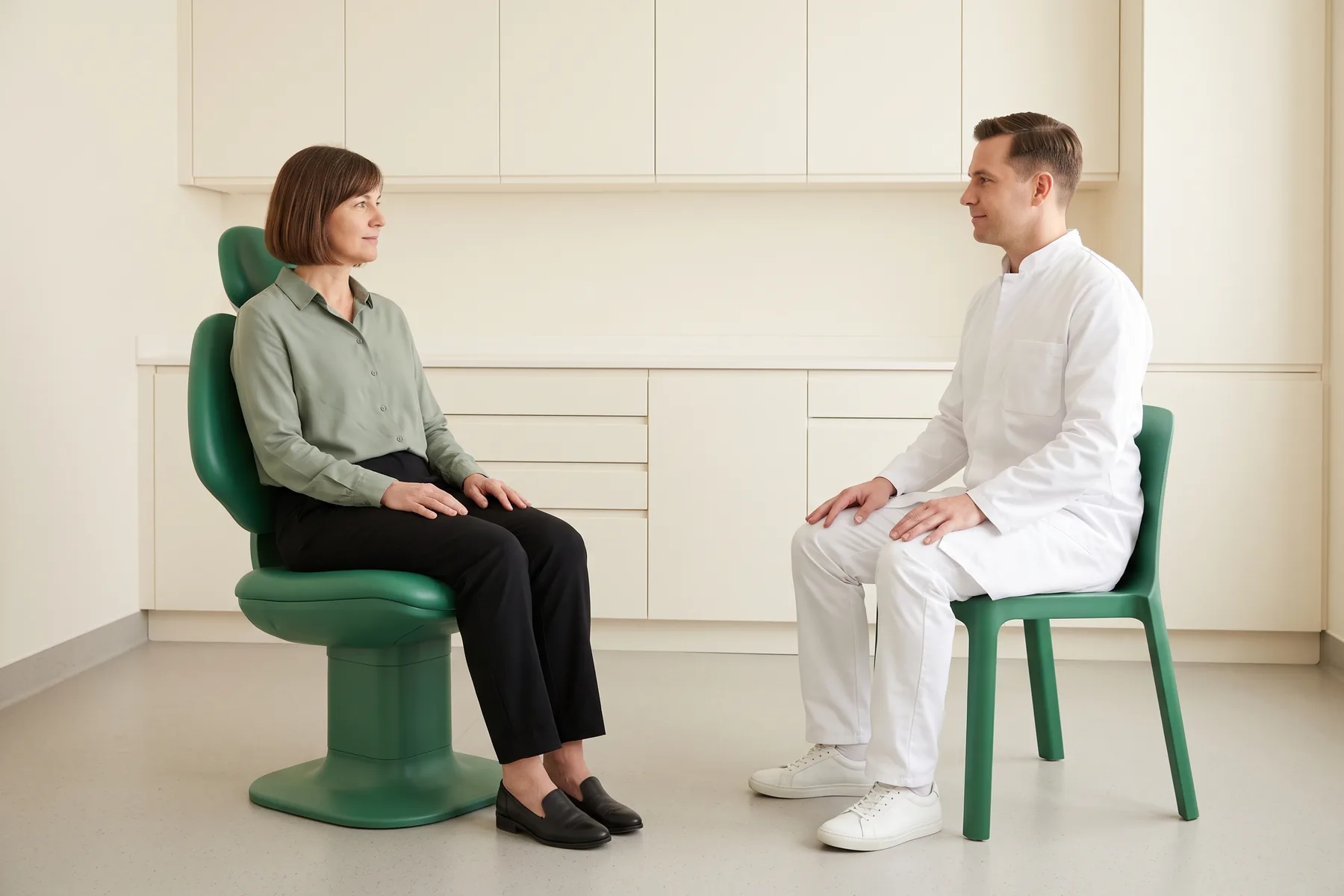Illustrative dental conversation with a short-haired woman in a sage shirt and a short-haired man in a white coat seated opposite each other.