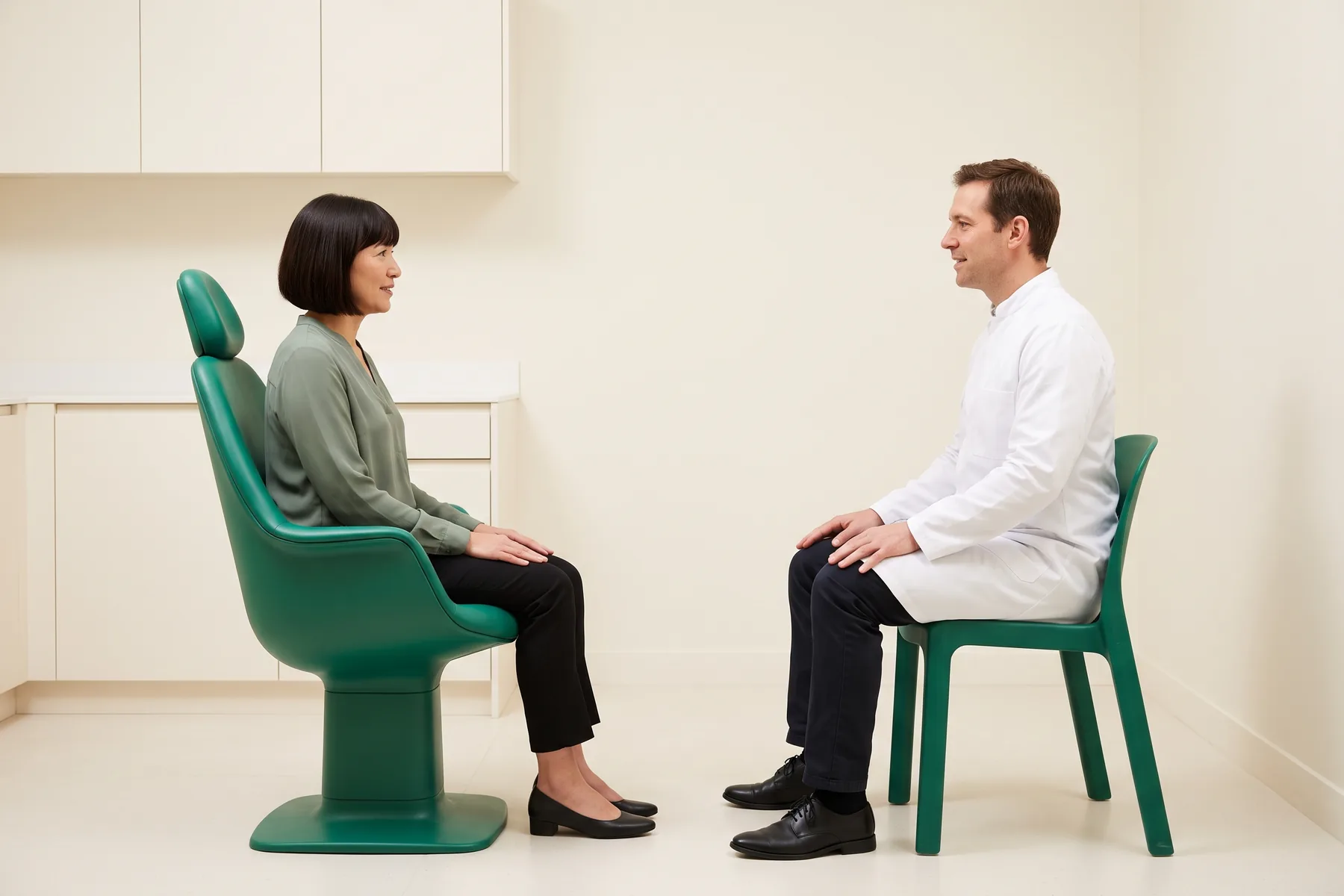 Illustrative dental conversation with a dark-bobbed woman in a muted green blouse and a brown-haired man in a white coat seated opposite each other.