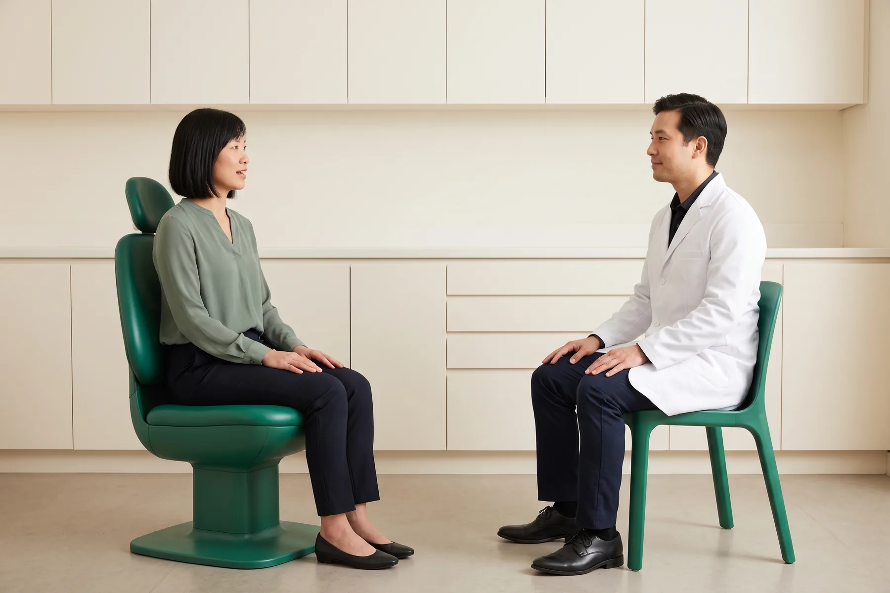 Illustrative dental conversation with a dark-bobbed woman in a sage blouse and a short-haired man in a white coat seated opposite each other.
