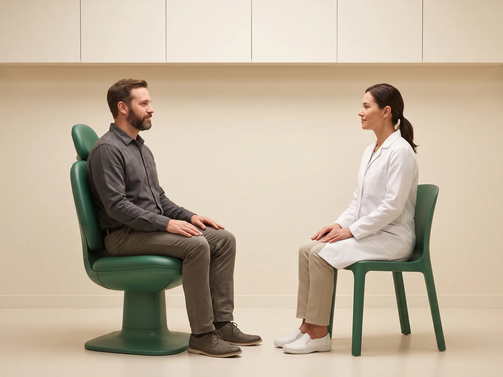 Illustrative dental conversation with a bearded man in a charcoal shirt and a ponytailed woman in a white coat seated opposite each other.