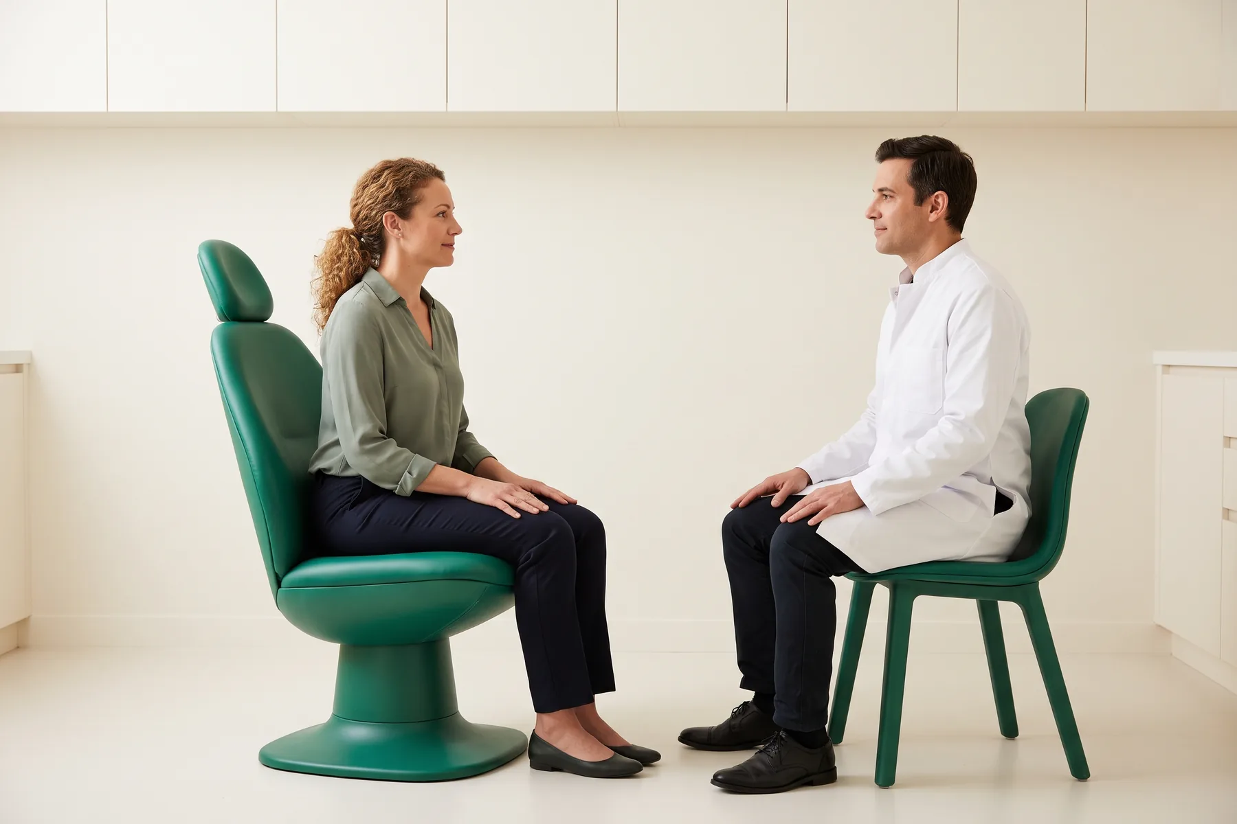 Illustrative dental conversation with a curly-haired woman in a sage blouse and a short-haired man in a white coat seated opposite each other.