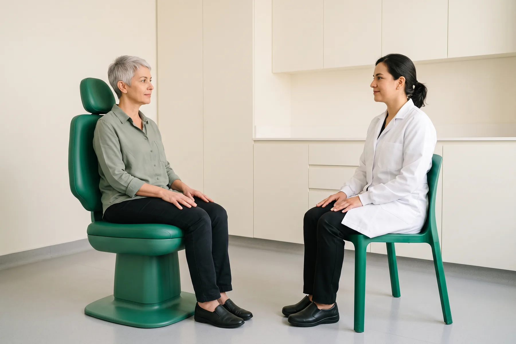 Illustrative dental conversation with a silver-haired woman in a sage shirt and a dark-haired woman in a white coat seated opposite each other.