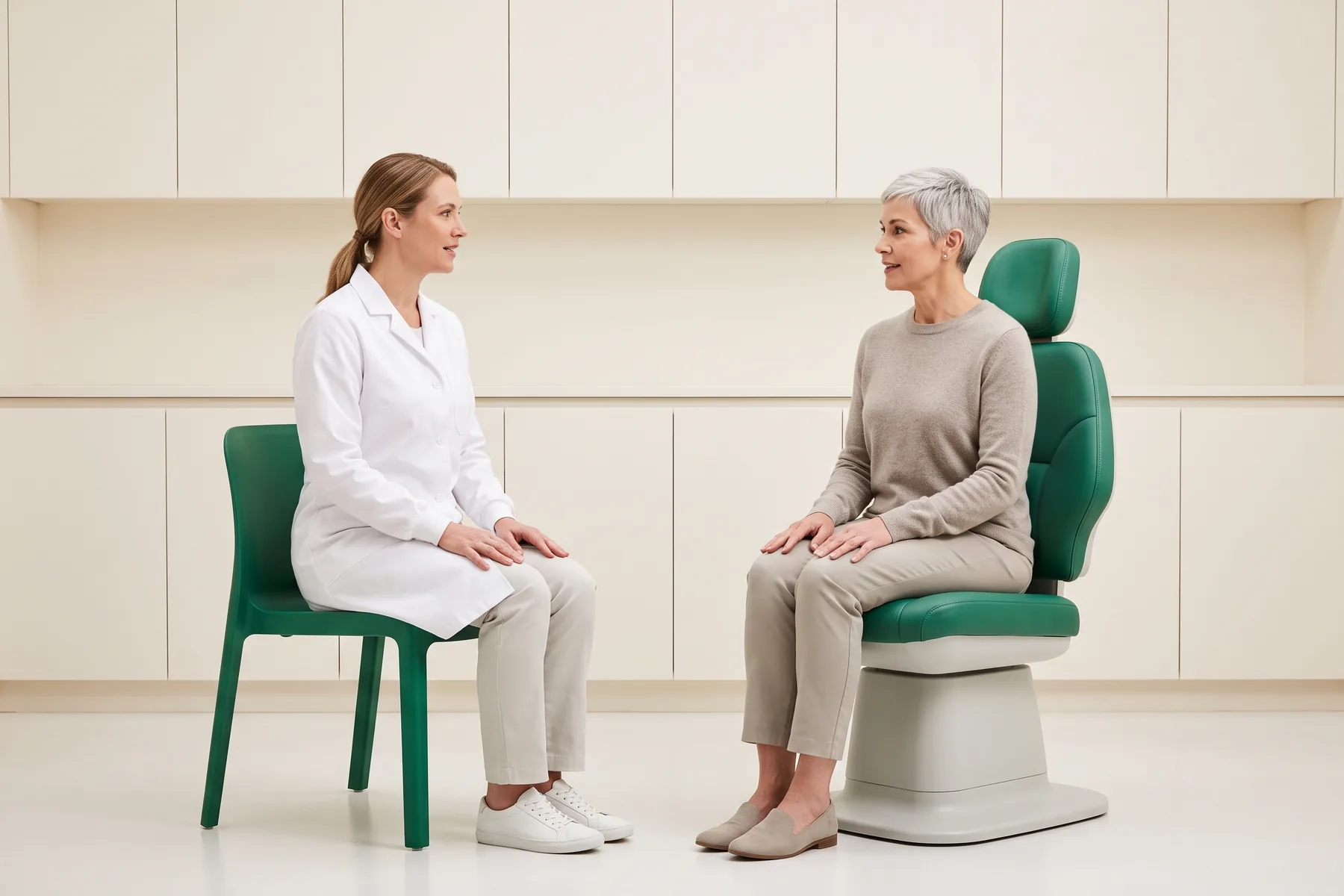 Illustrative dental conversation with a silver-haired woman in a stone-colored sweater and a ponytailed woman in a white coat seated opposite each other.