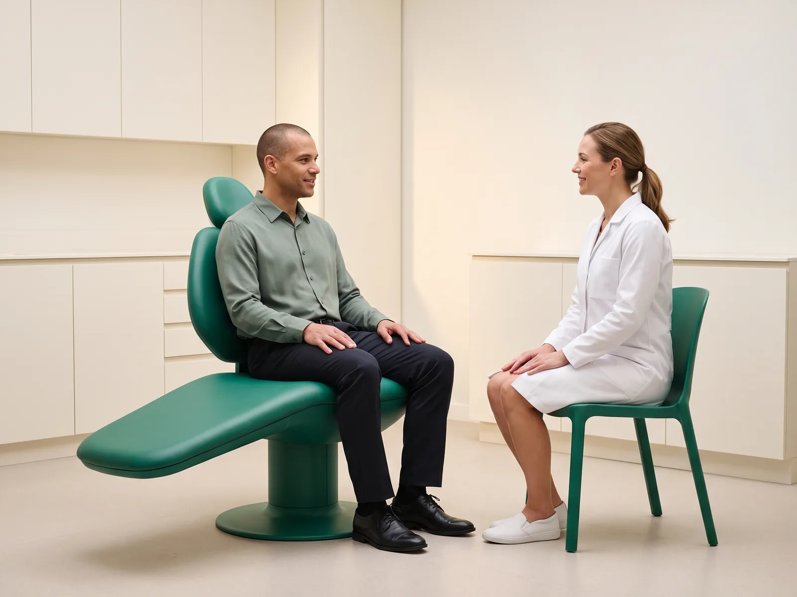 Illustrative dental conversation with a close-cropped-haired man in a muted green shirt and a ponytailed woman in a white coat seated opposite each other.