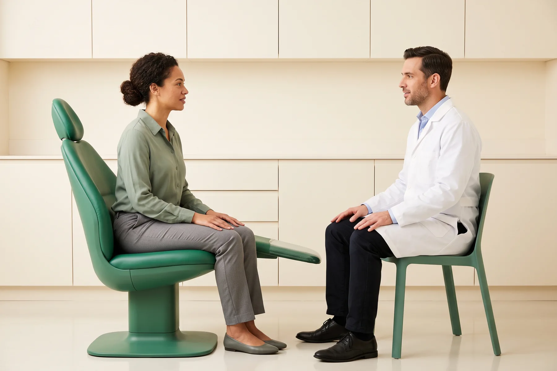 Illustrative dental conversation with a curly-haired woman in a sage shirt and a dark-haired man in a white coat seated opposite each other.