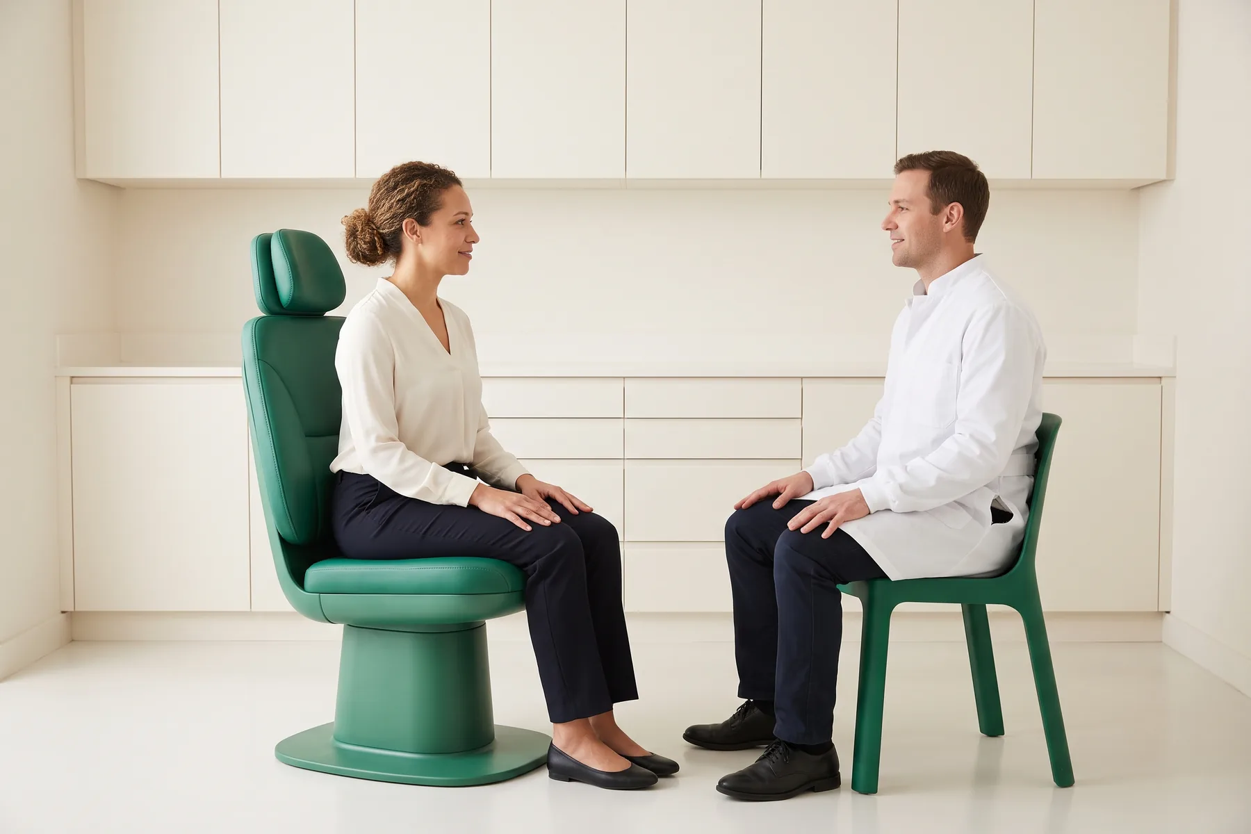 Illustrative dental conversation with a curly-haired woman in an ivory blouse and a brown-haired man in a white coat seated opposite each other.