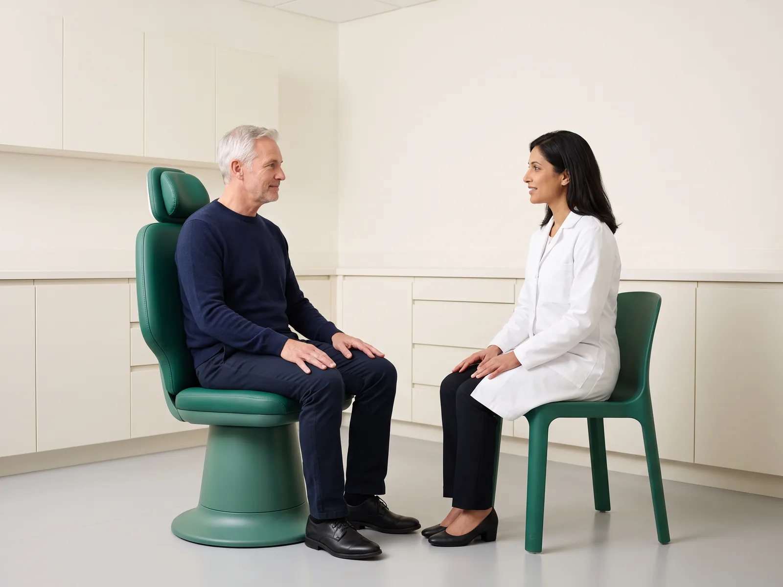 Illustrative dental conversation with a silver-haired man in a navy sweater and a dark-haired woman in a white coat seated opposite each other.