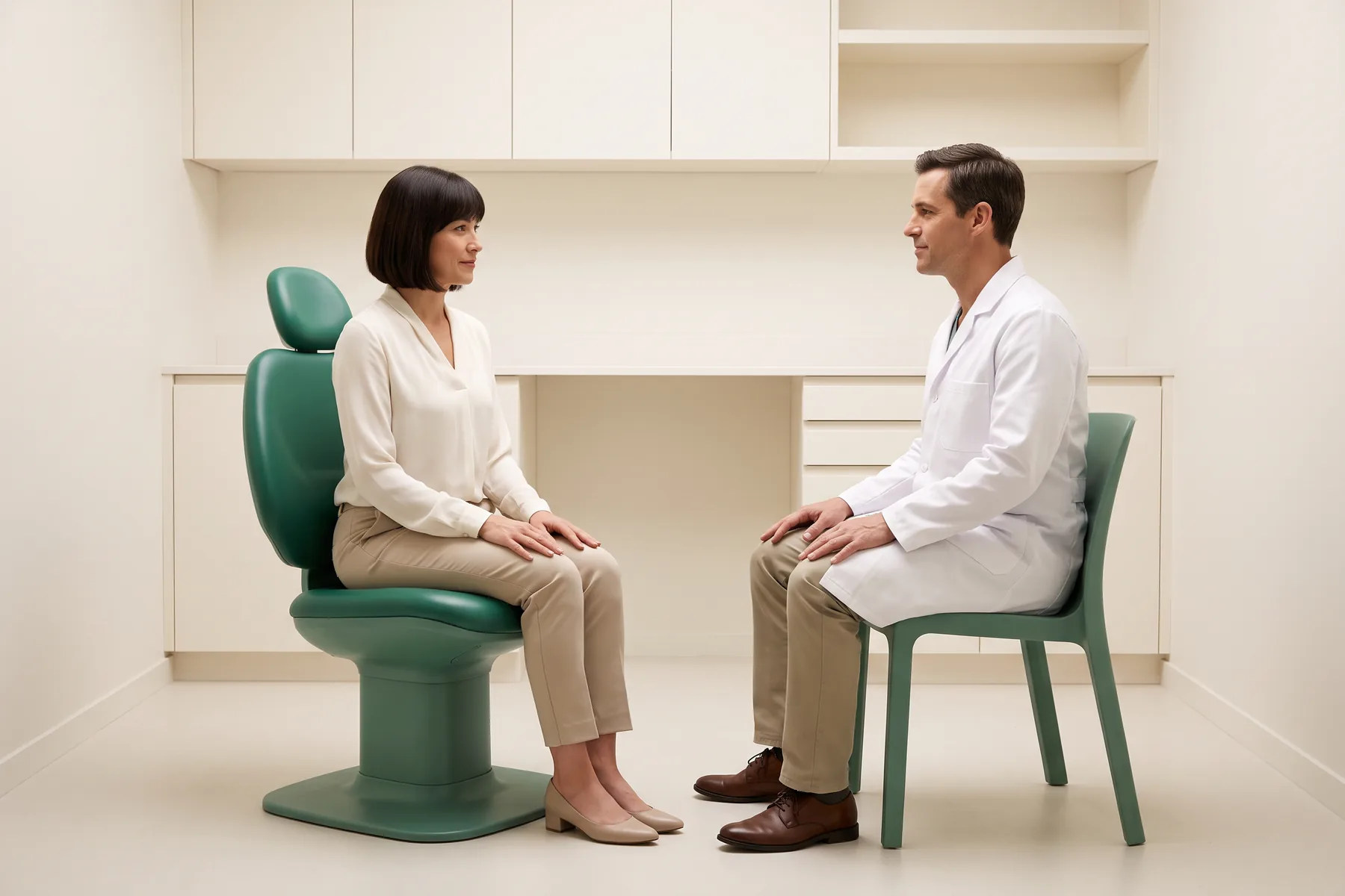 Illustrative dental conversation with a dark-bobbed woman in an ivory blouse and a short-haired man in a white coat seated opposite each other.