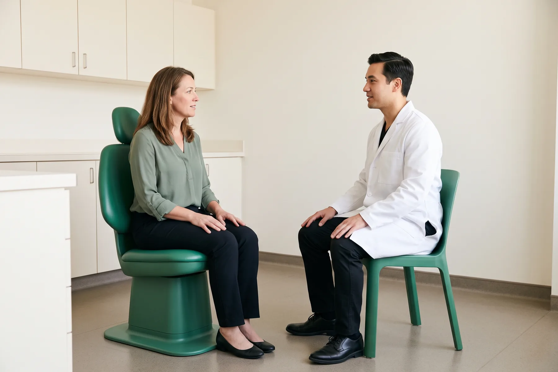 Illustrative dental conversation with a long-haired woman in a sage blouse and a short-haired man in a white coat seated opposite each other.